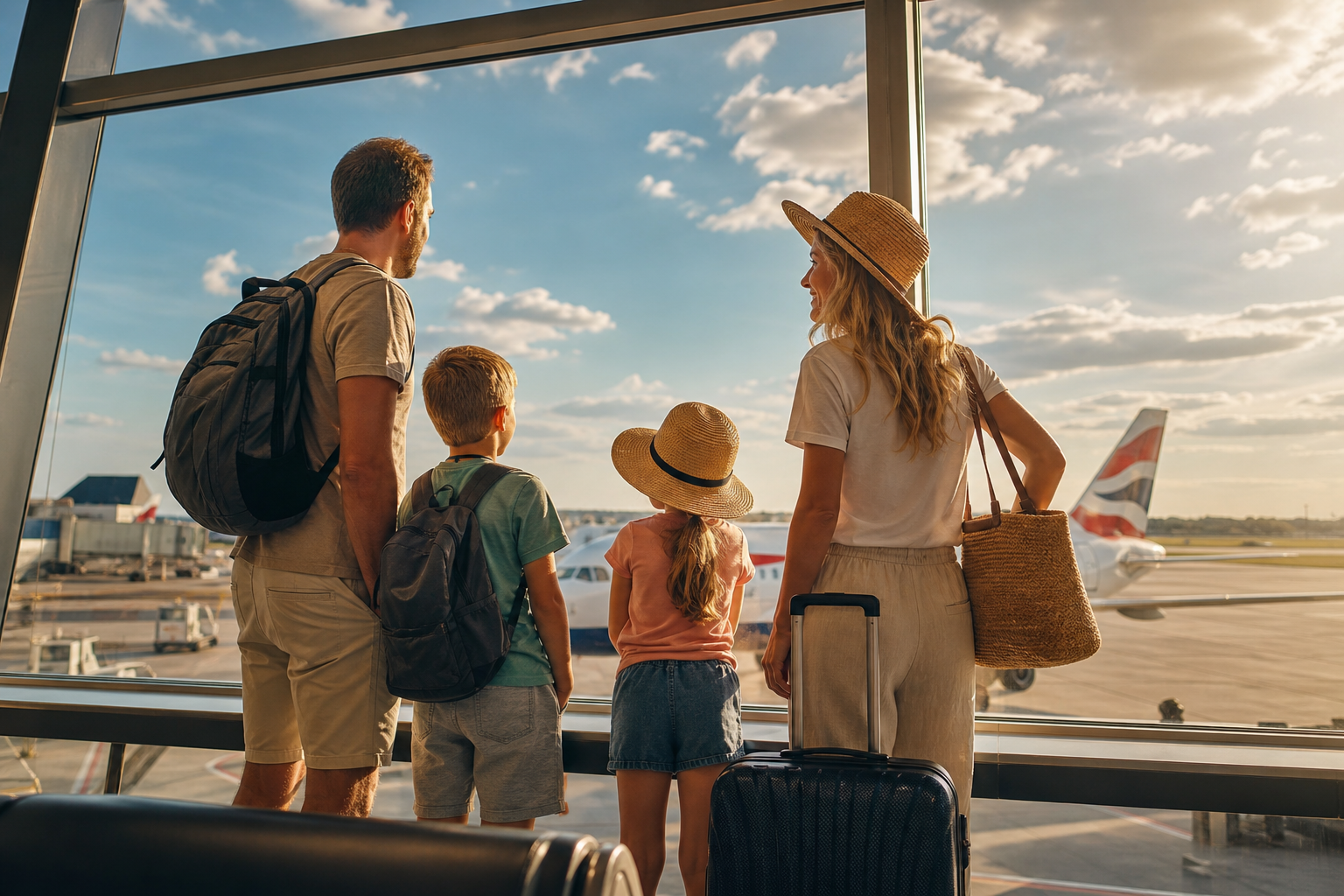 Happy family at airport departure gate excited for their summer holiday