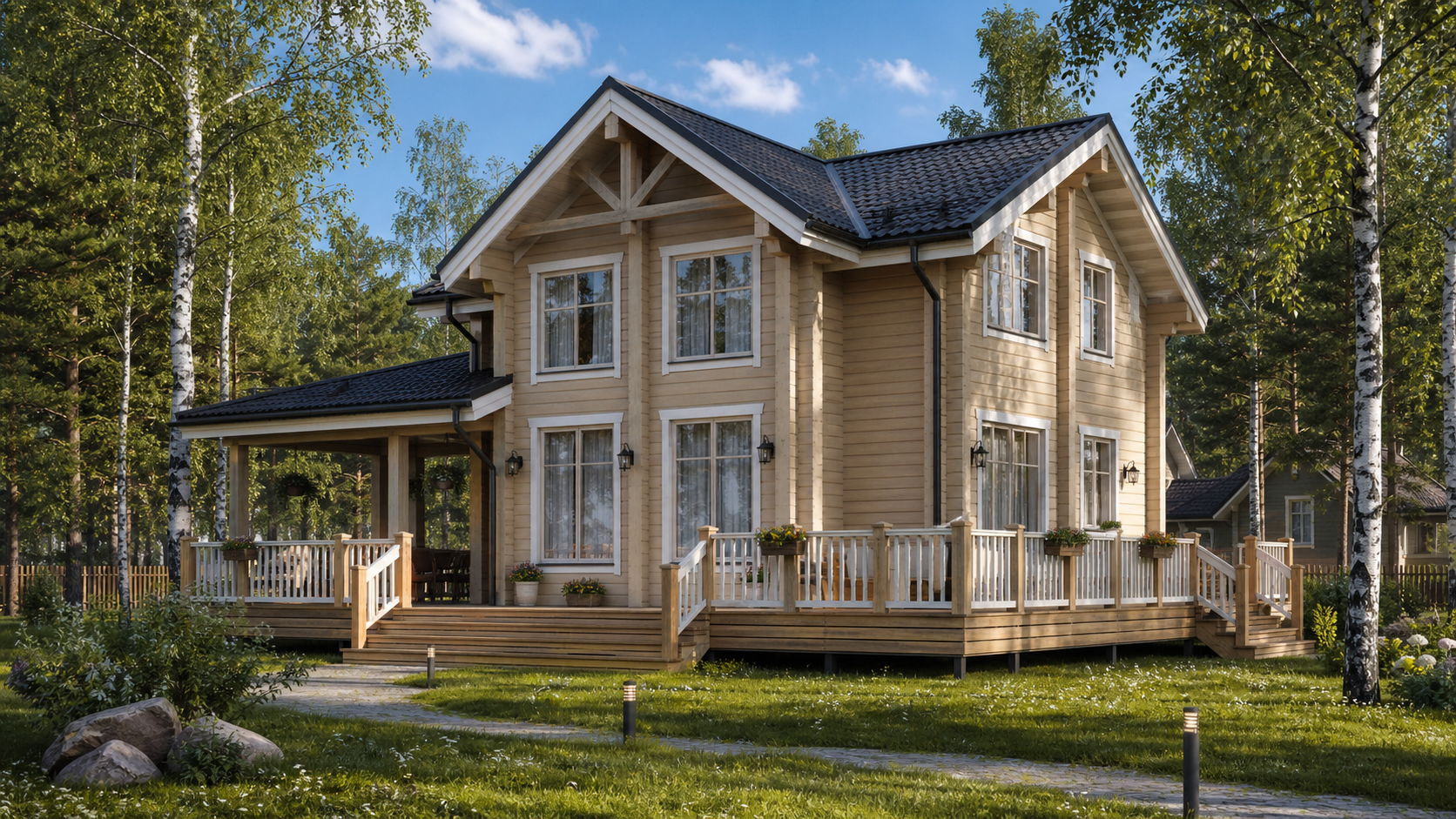 Классический каркасный семейный дом с двускатной крышей