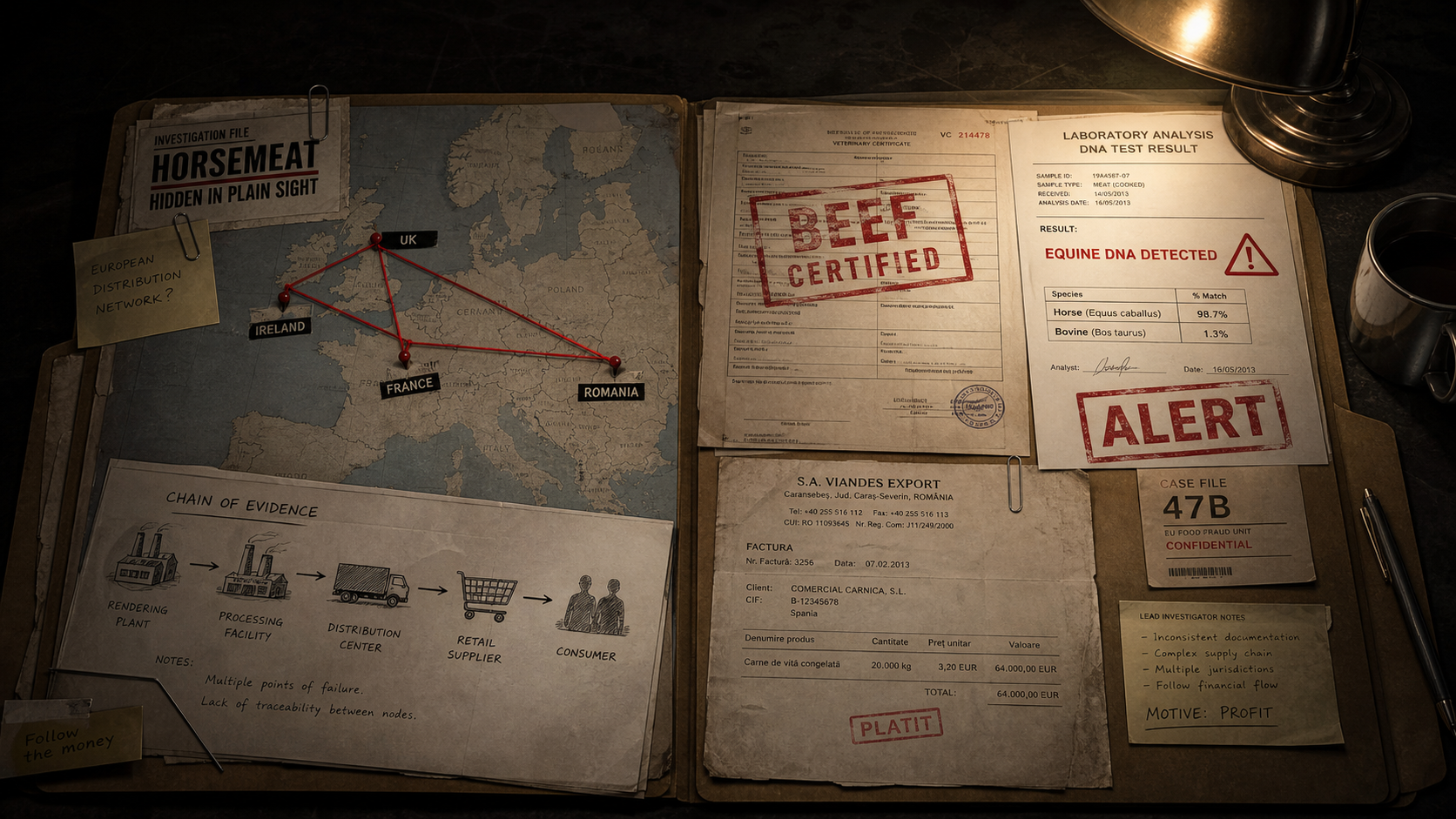 KlueIQ case file dossier showing EU map with red thread, DNA test result, stamped beef certificate, and meat processing invoice
