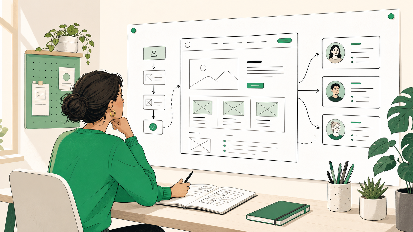Illustration éditoriale d'un UX Designer étudiant des wireframes et des user flows sur un tableau