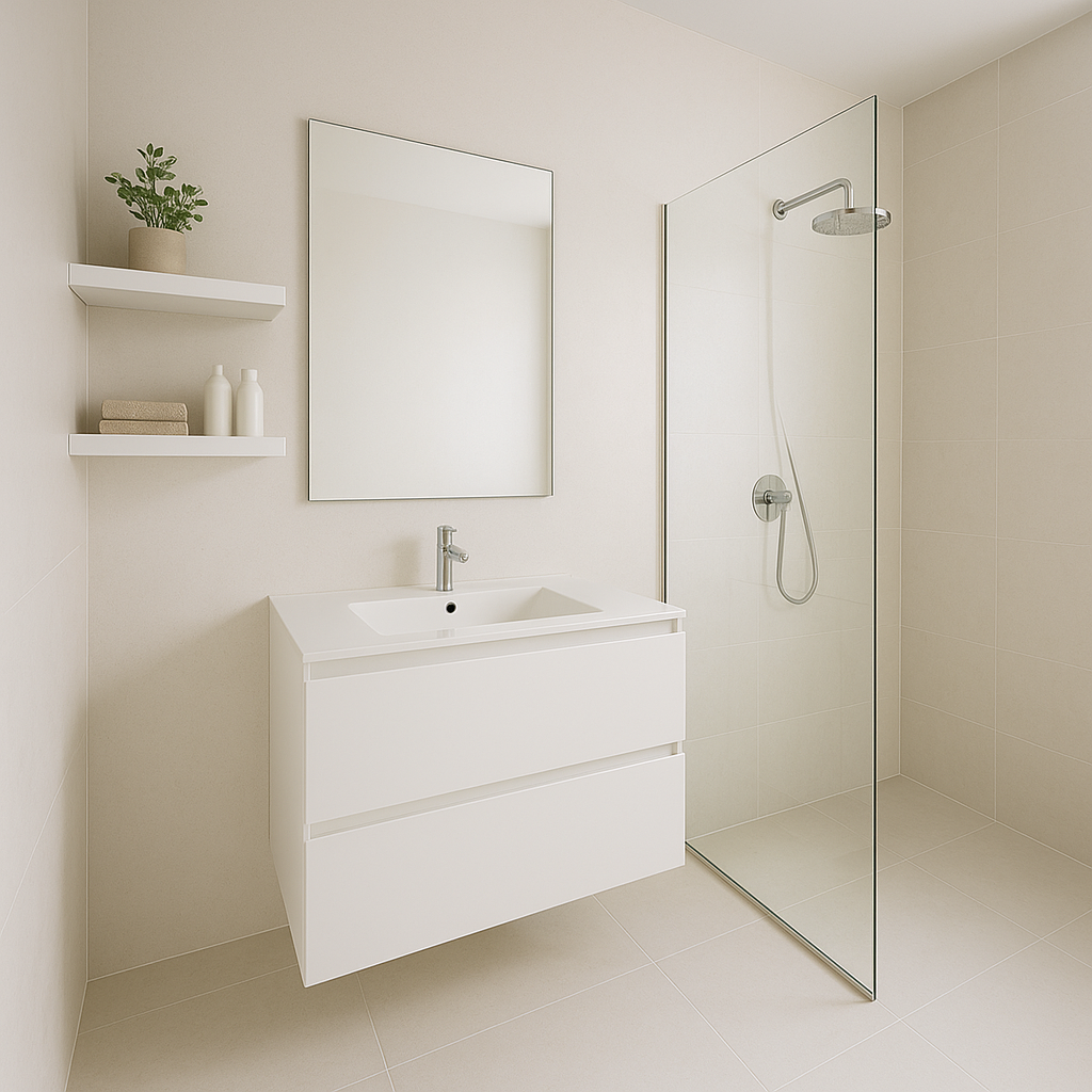 Baño minimalista con colores neutros y líneas limpias