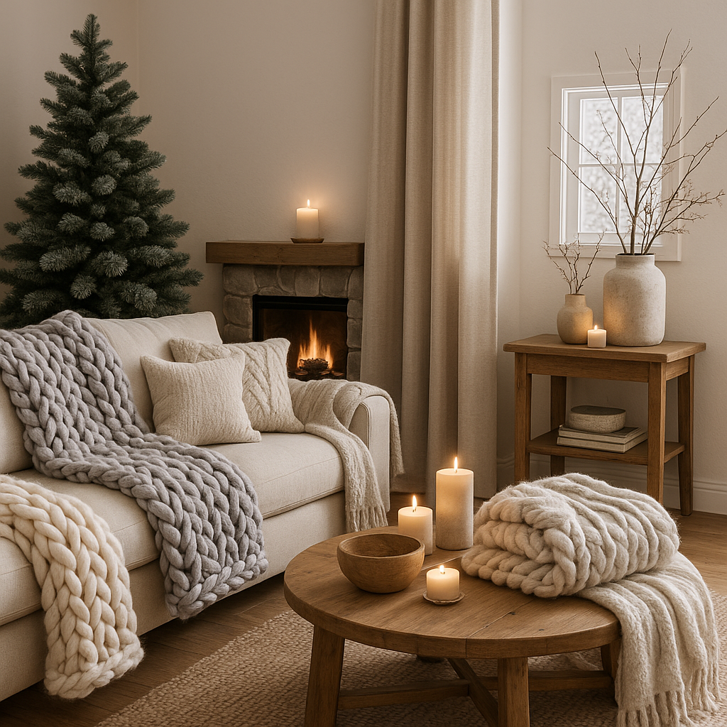 Decoraci\u00f3n invernal con colores neutros y textiles acogedores