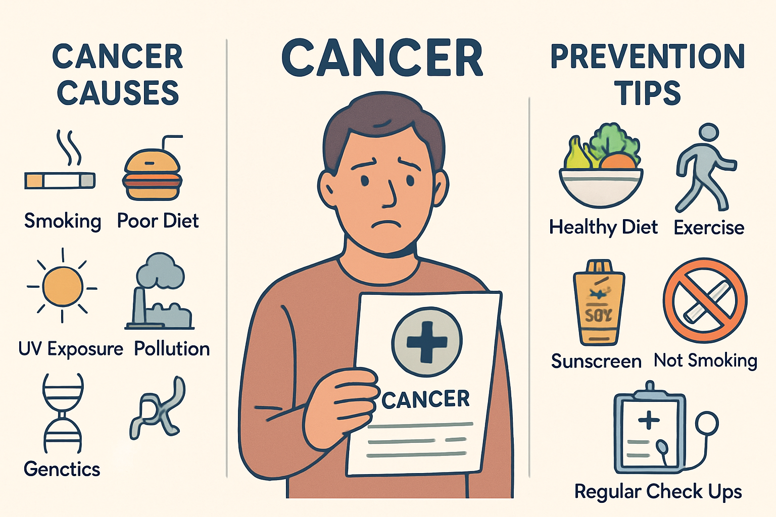 Infographic illustrating cancer causes, real-life case, and prevention tips