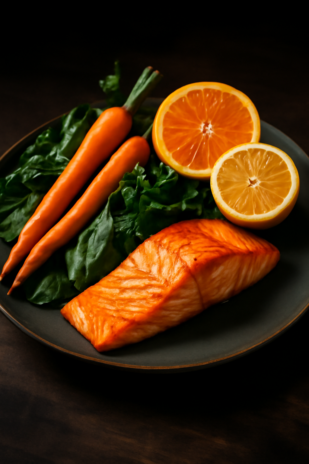 Eye-healthy foods: carrots, greens, citrus, salmon