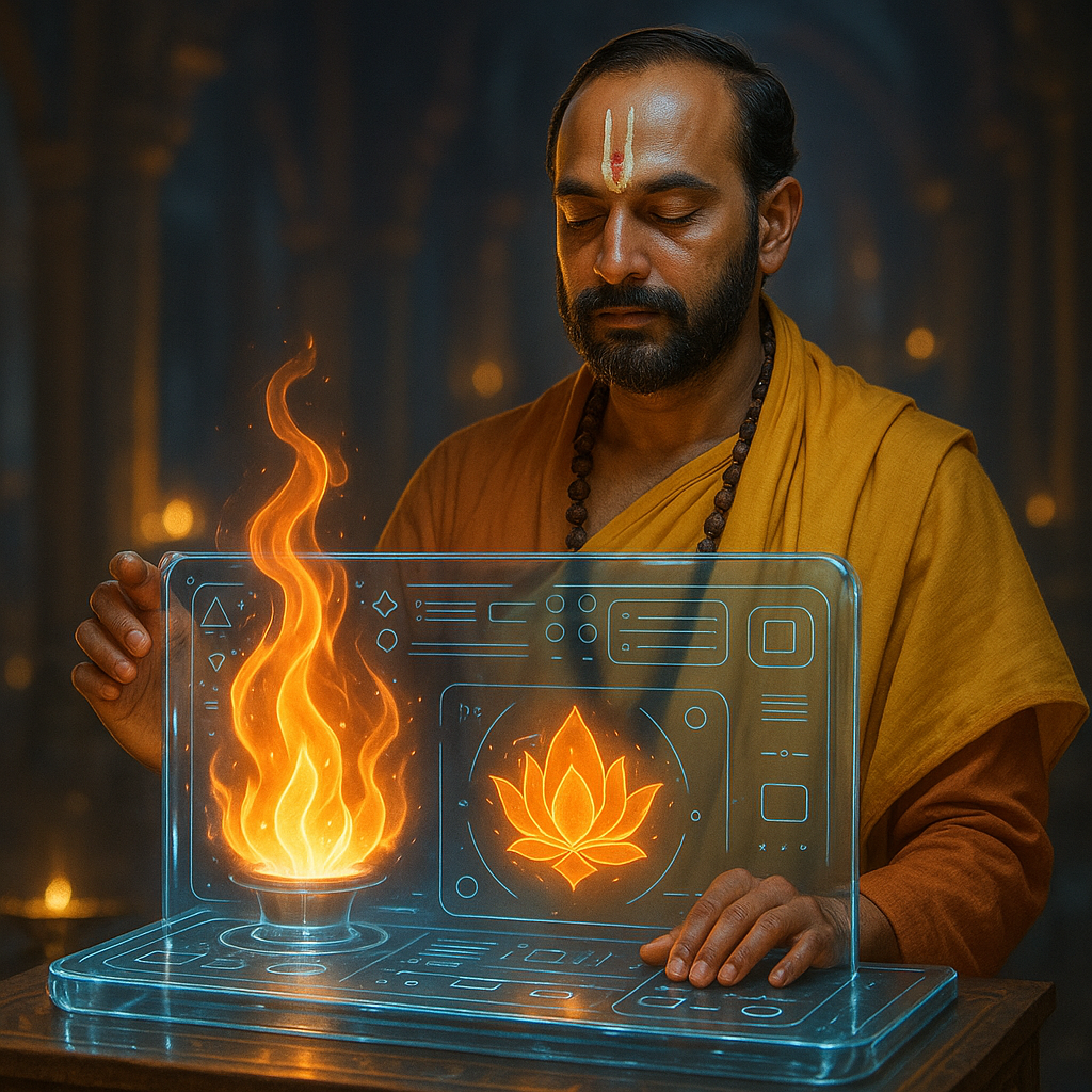 Traditional priest embracing liquid glass spiritual technology