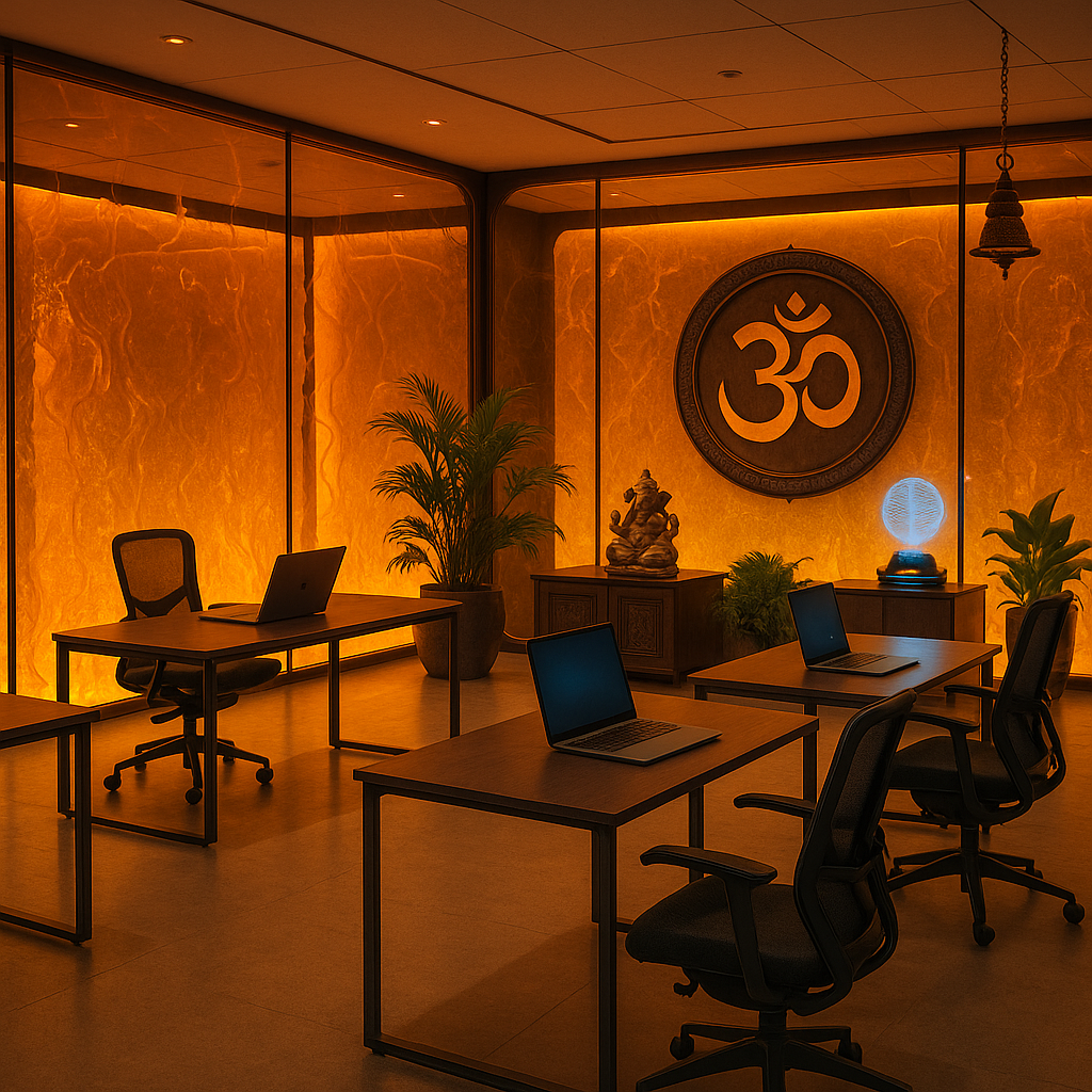 Futuristic workspace with liquid glass and sacred color palette