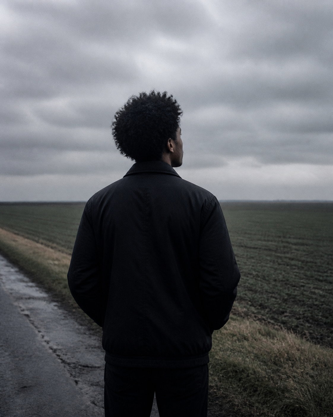Young man standing at the edge of an open field, viewed from behind