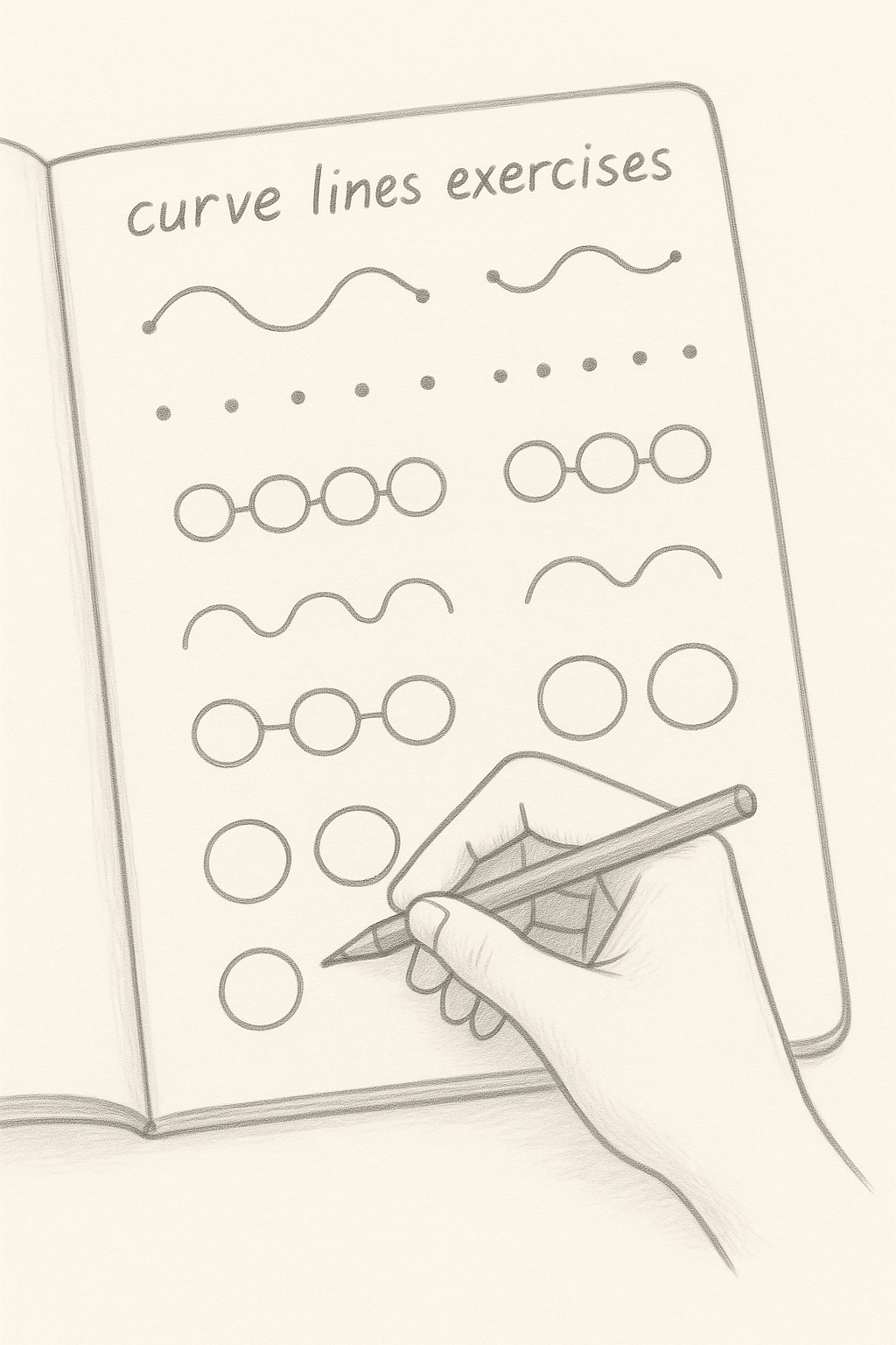 Sketchbook page showing curved line exercises: arcs and circles