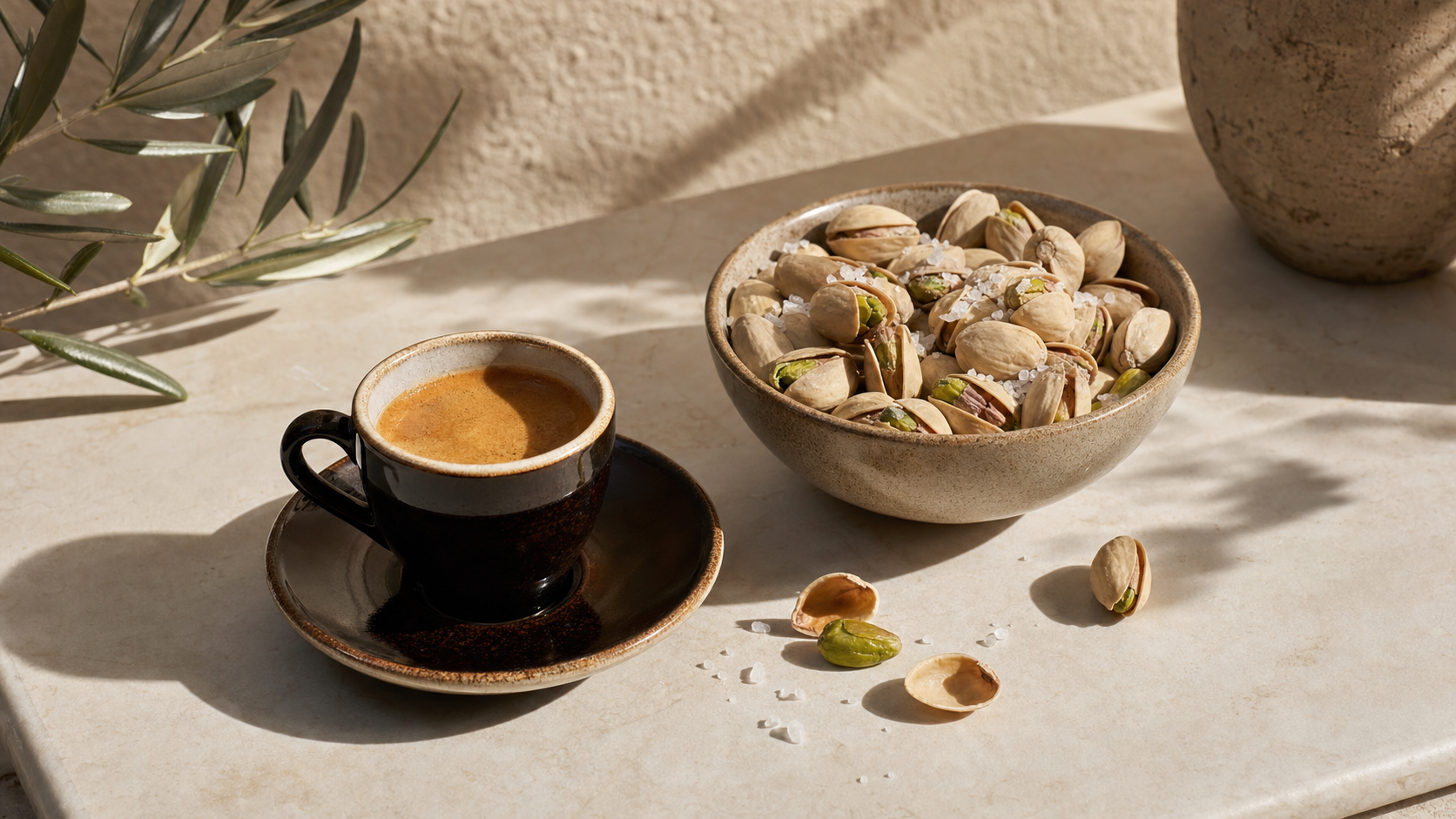 Dark roast espresso with salted roasted pistachios