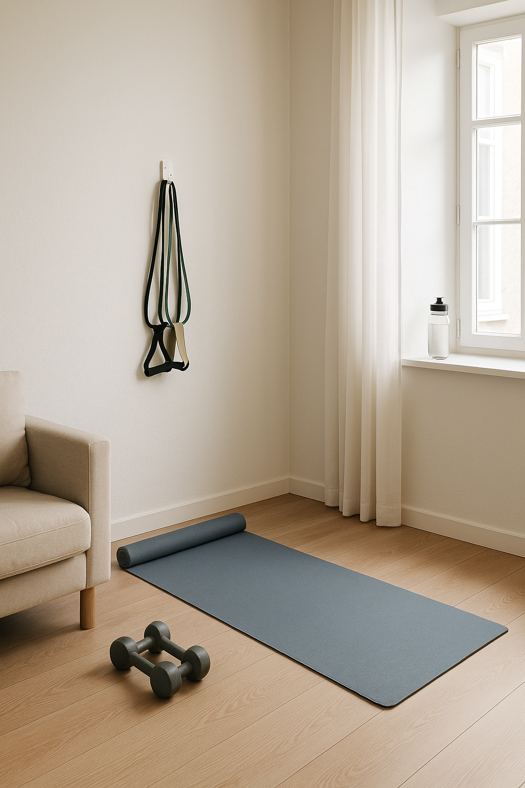Budget home gym setup in small apartment space with essential equipment
