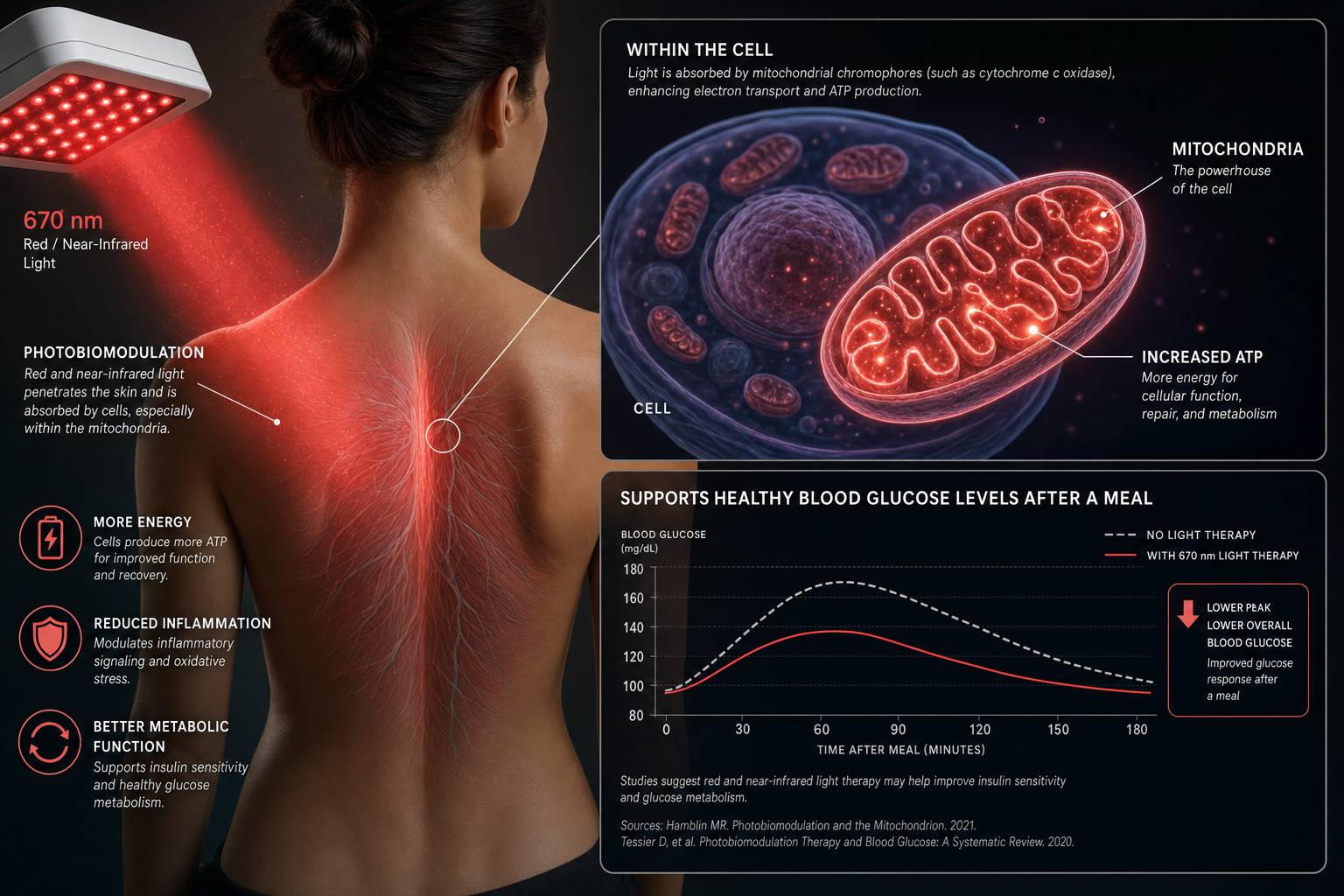 Illustration of red light stimulating mitochondria in the body to support glucose metabolism