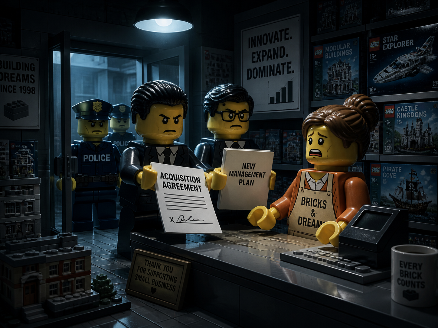 Corporate minifigures conducting a hostile franchise takeover while the owner looks on in shock