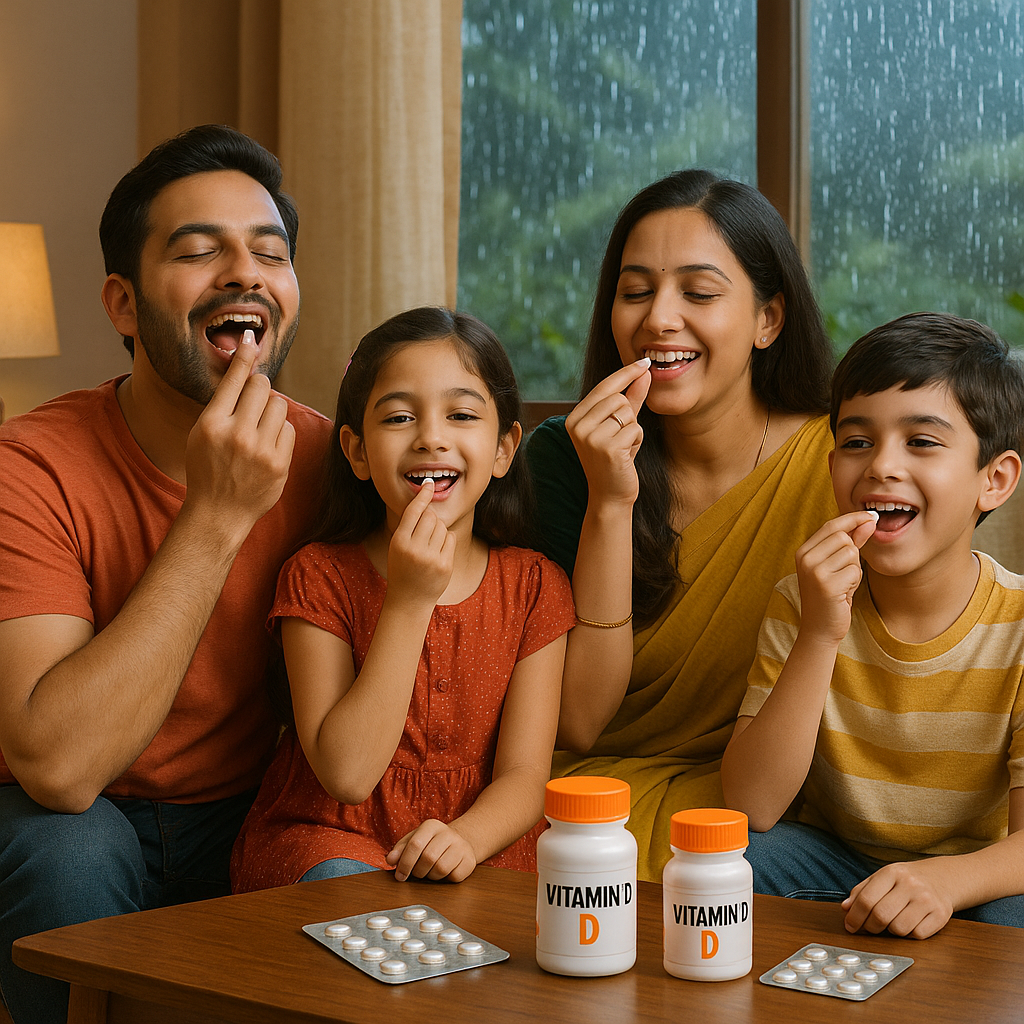Indian family maintaining vitamin D levels during the monsoon season with supplements