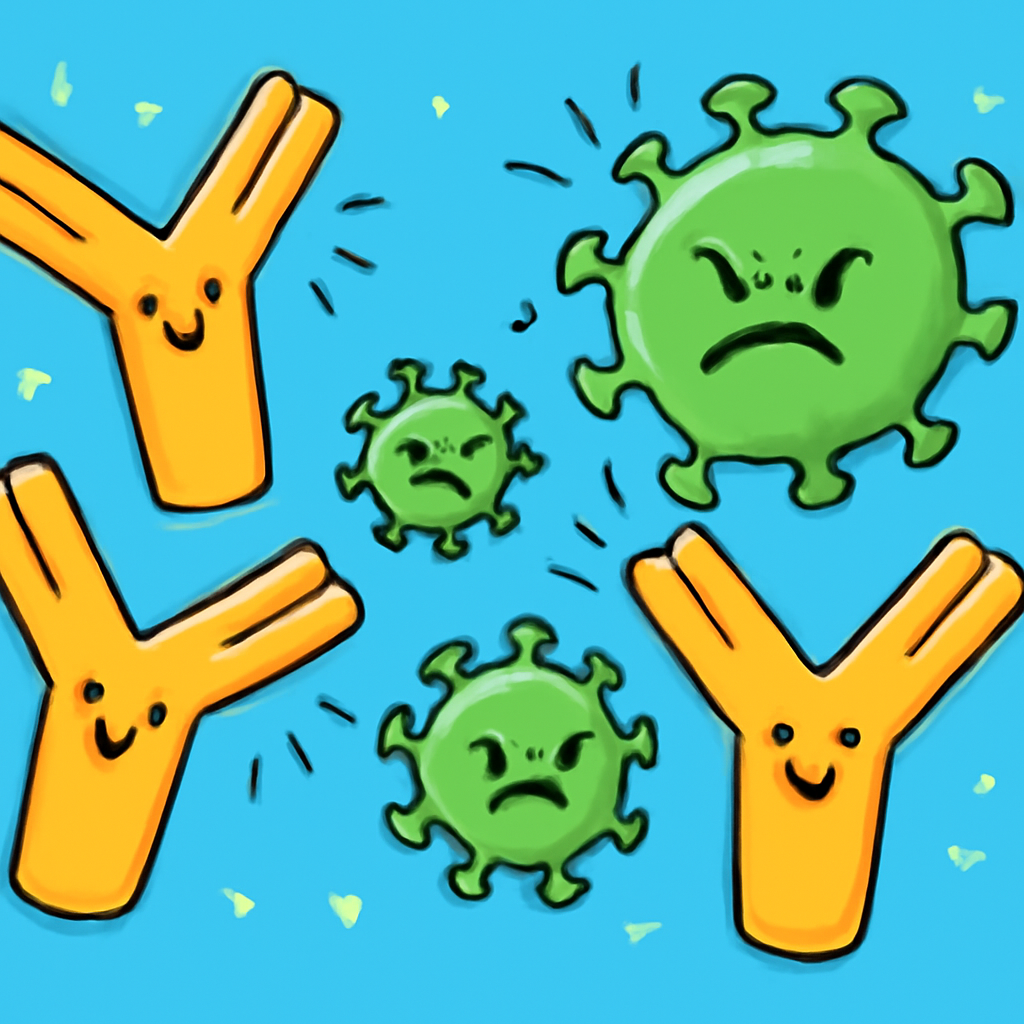 Cartoon antibodies attacking viruses
