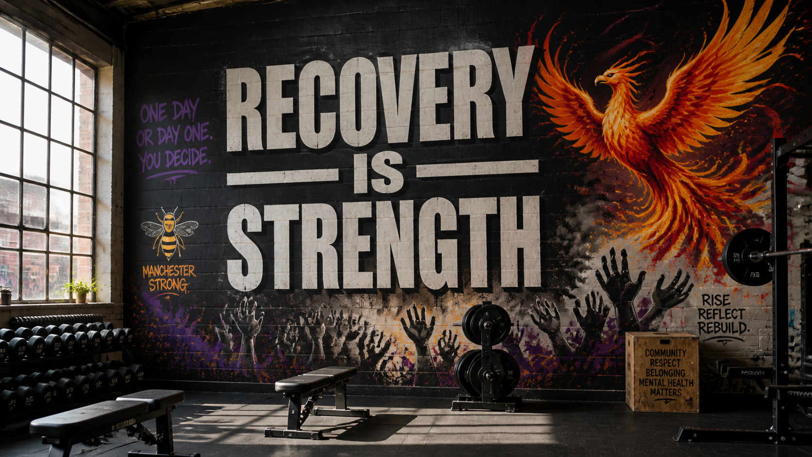 Recovery Is Strength wall mural in Rehab Fitness gym