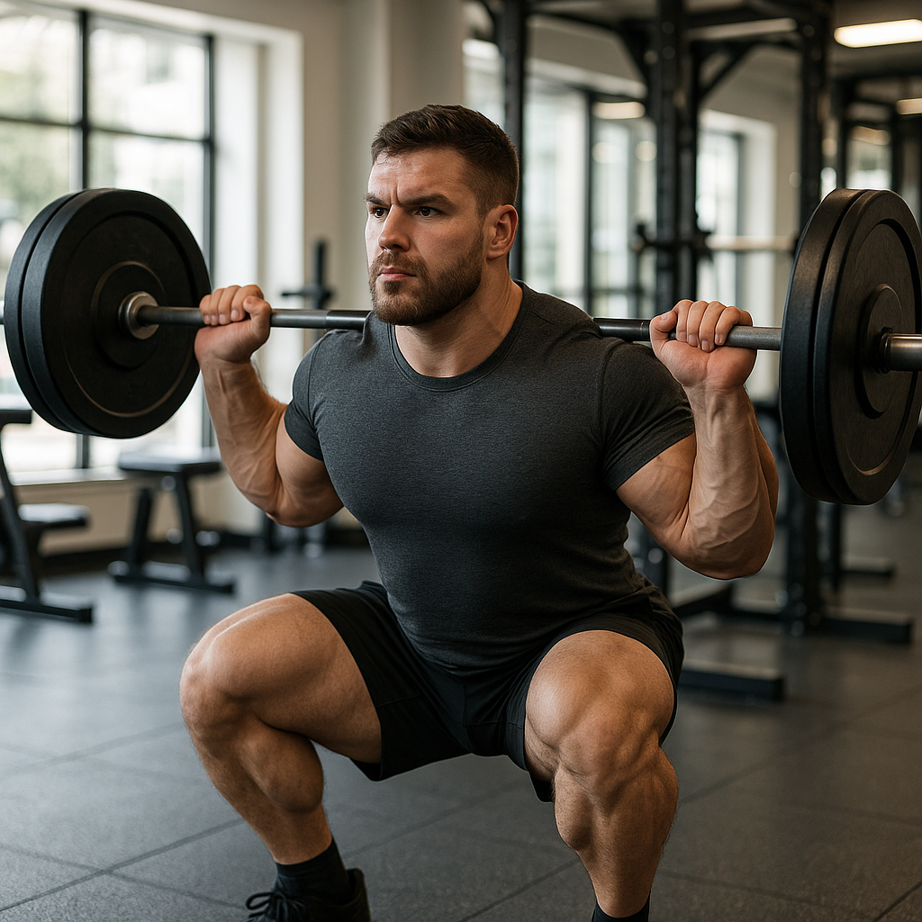 Muscular person after successful weight gain showing squat exercise