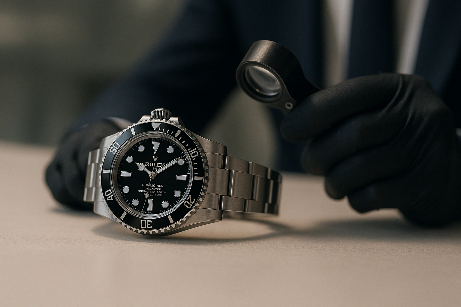 Professional Rolex authentication with magnifying glass inspection