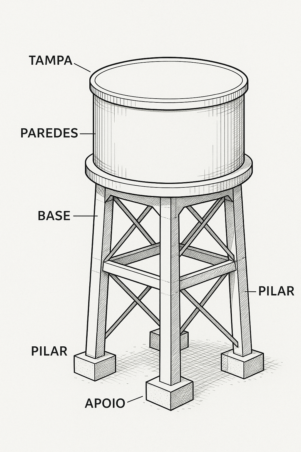 Esquema estrutural de caixa d'água elevada com pilares de apoio