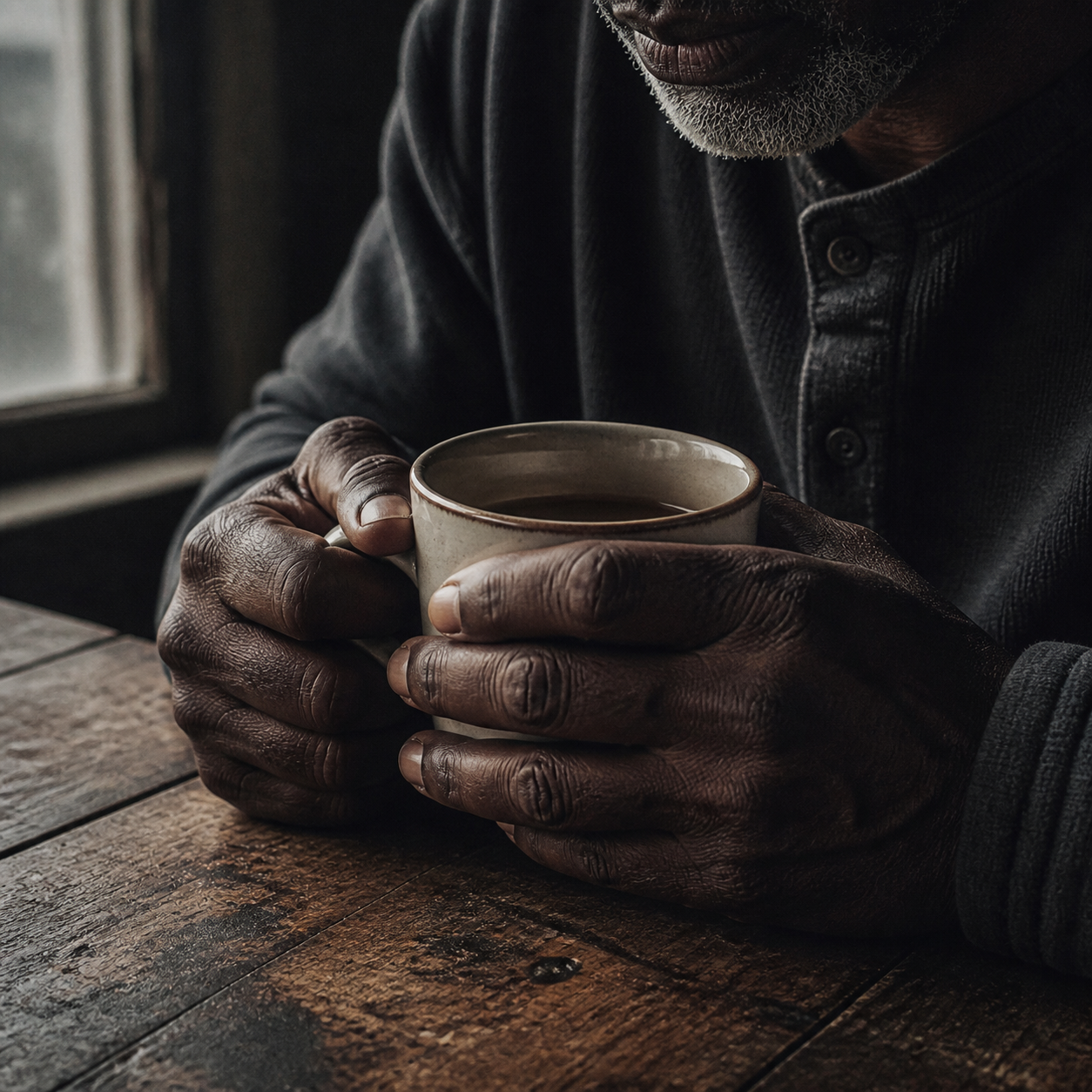 Weathered hands cupped around a plain ceramic mug on a wooden table in morning light