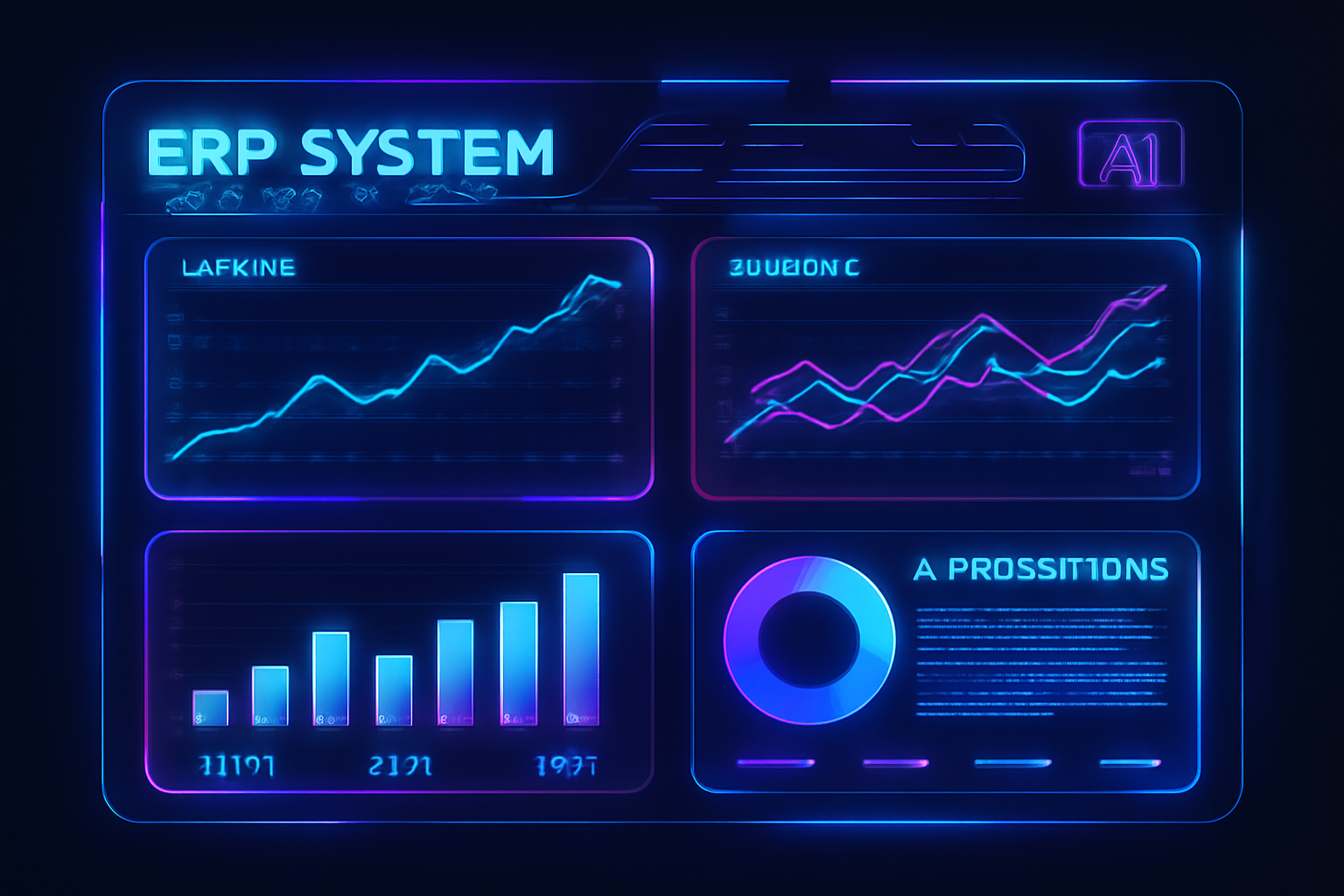 Futuristic AI-driven ERP system dashboard with analytics and insights