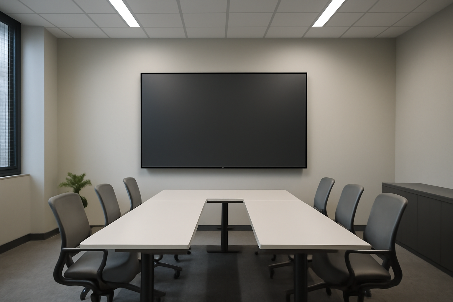 Modern meeting room with monotone TV screen, no text