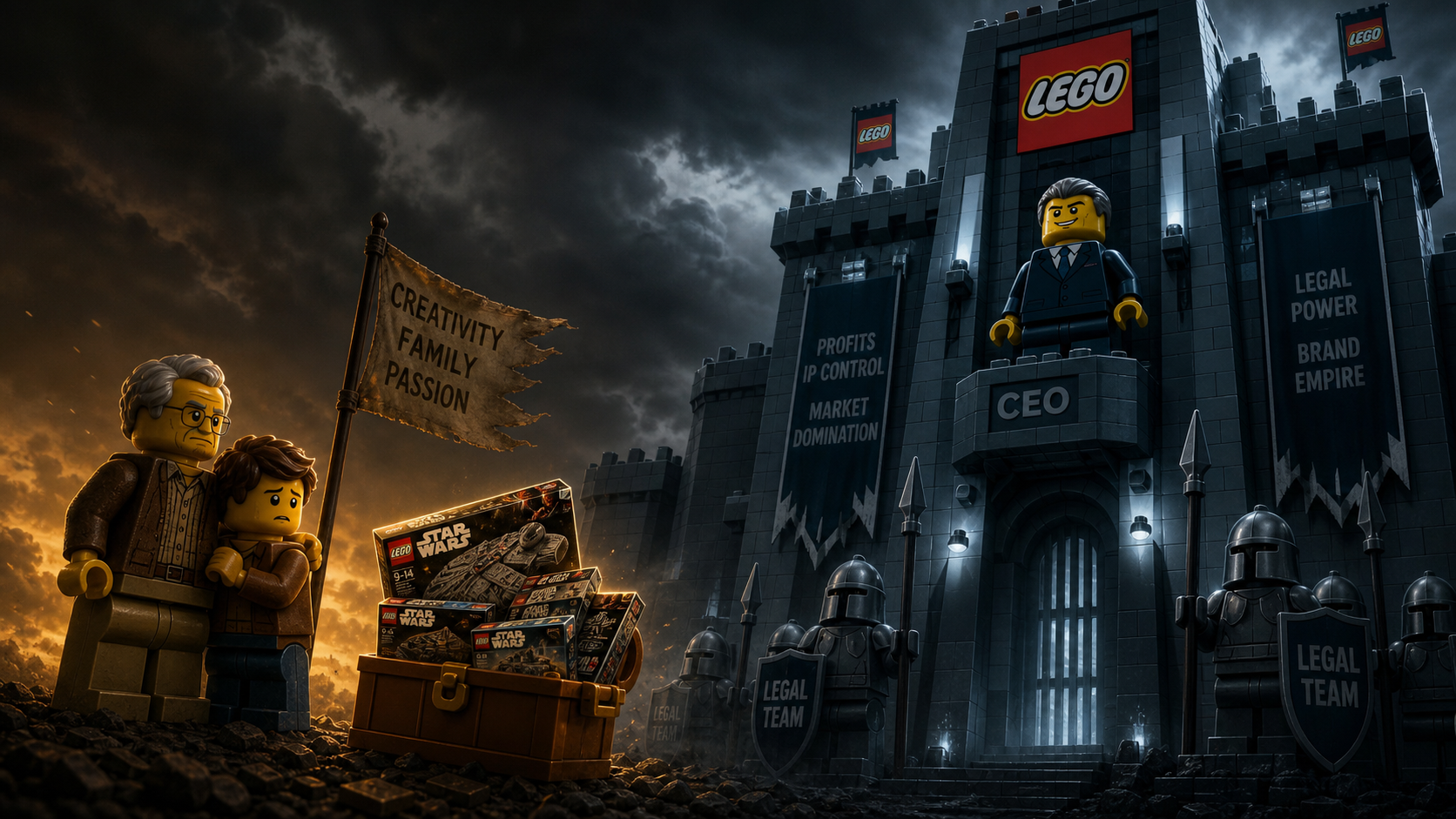 A LEGO-style illustration of a small family facing a towering corporate fortress