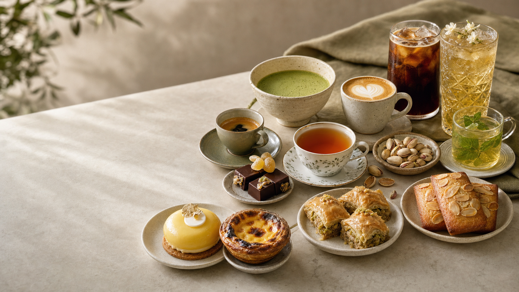 Sophisticated coffee and tea pairing spread with premium treats