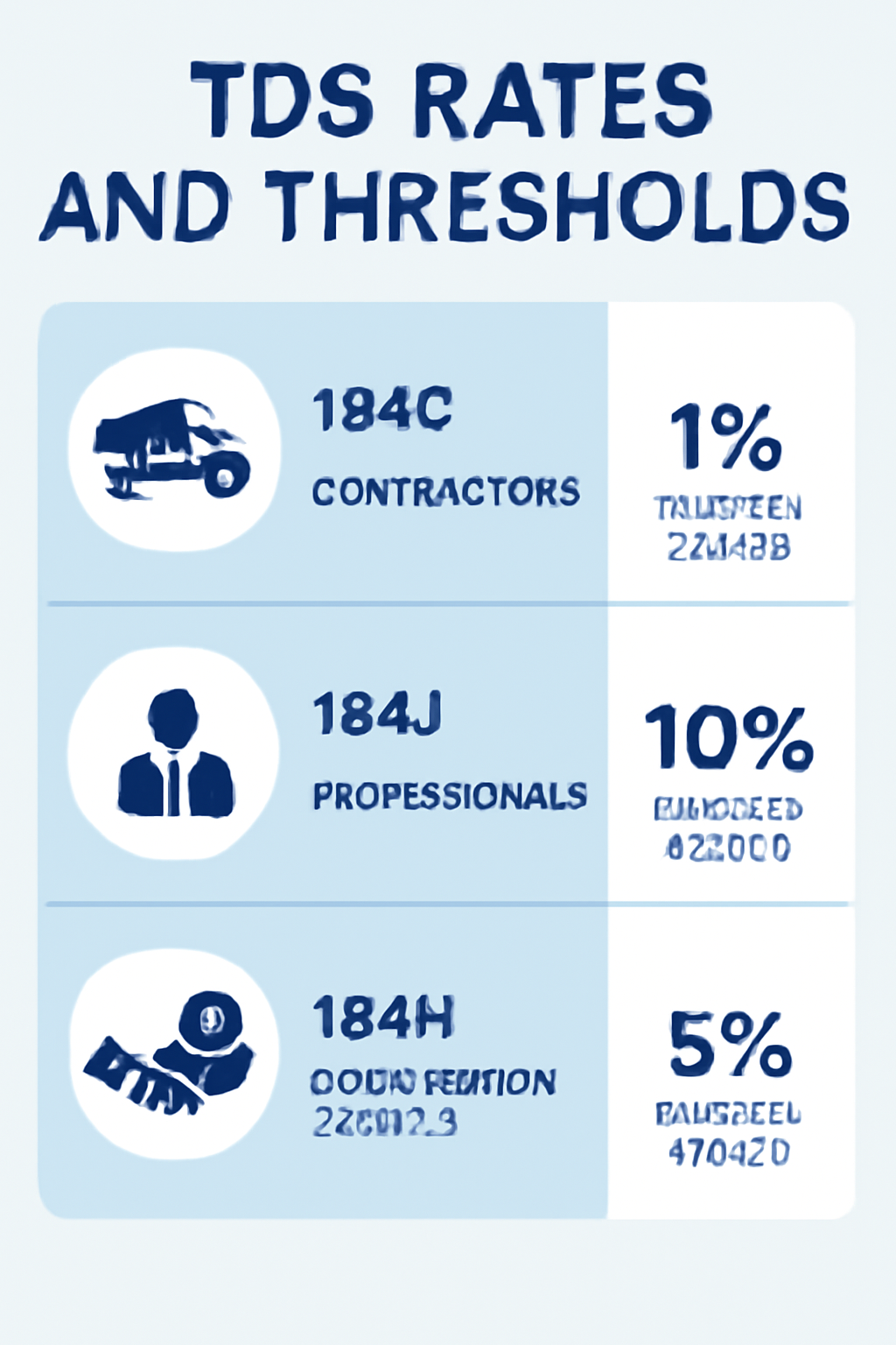 Infographic of TDS rates and thresholds for Sections 194C, 194J, and 194H