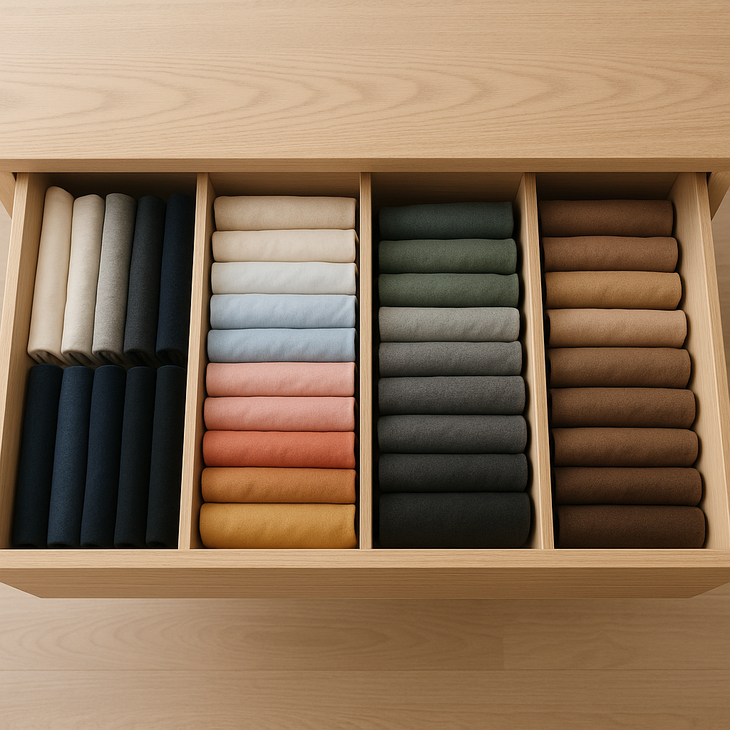 Ropa doblada verticalmente siguiendo el método Marie Kondo