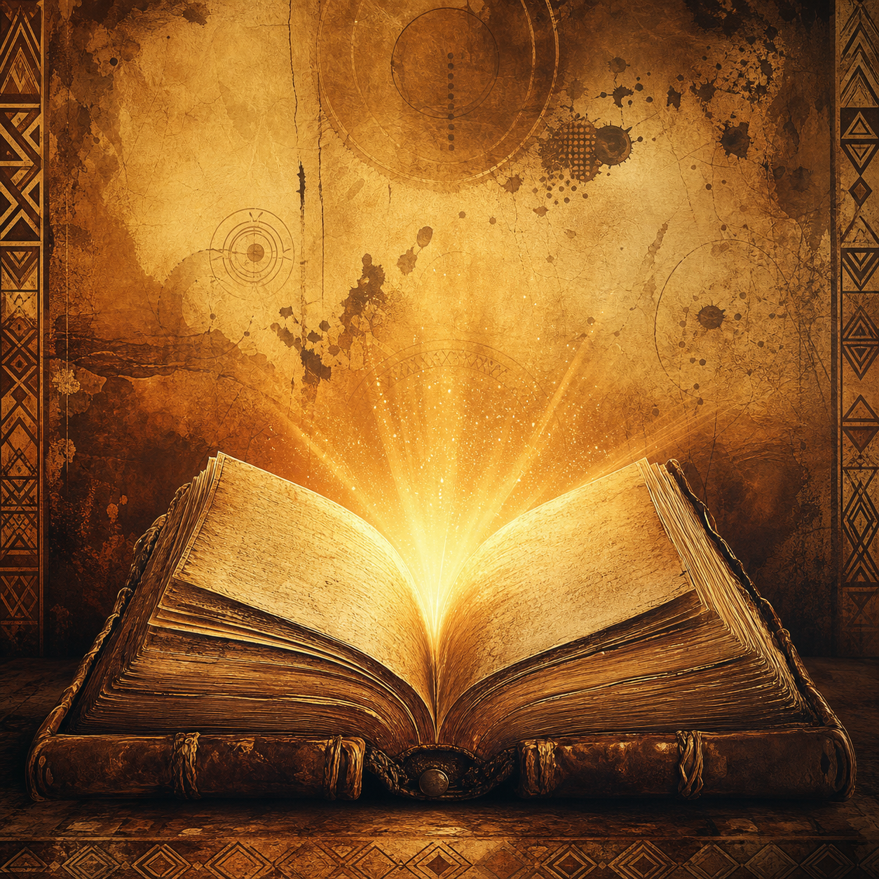 An ancient leather-bound book radiating golden light upward, surrounded by African-inspired geometric border patterns — symbolizing the awakening of ancestral wisdom