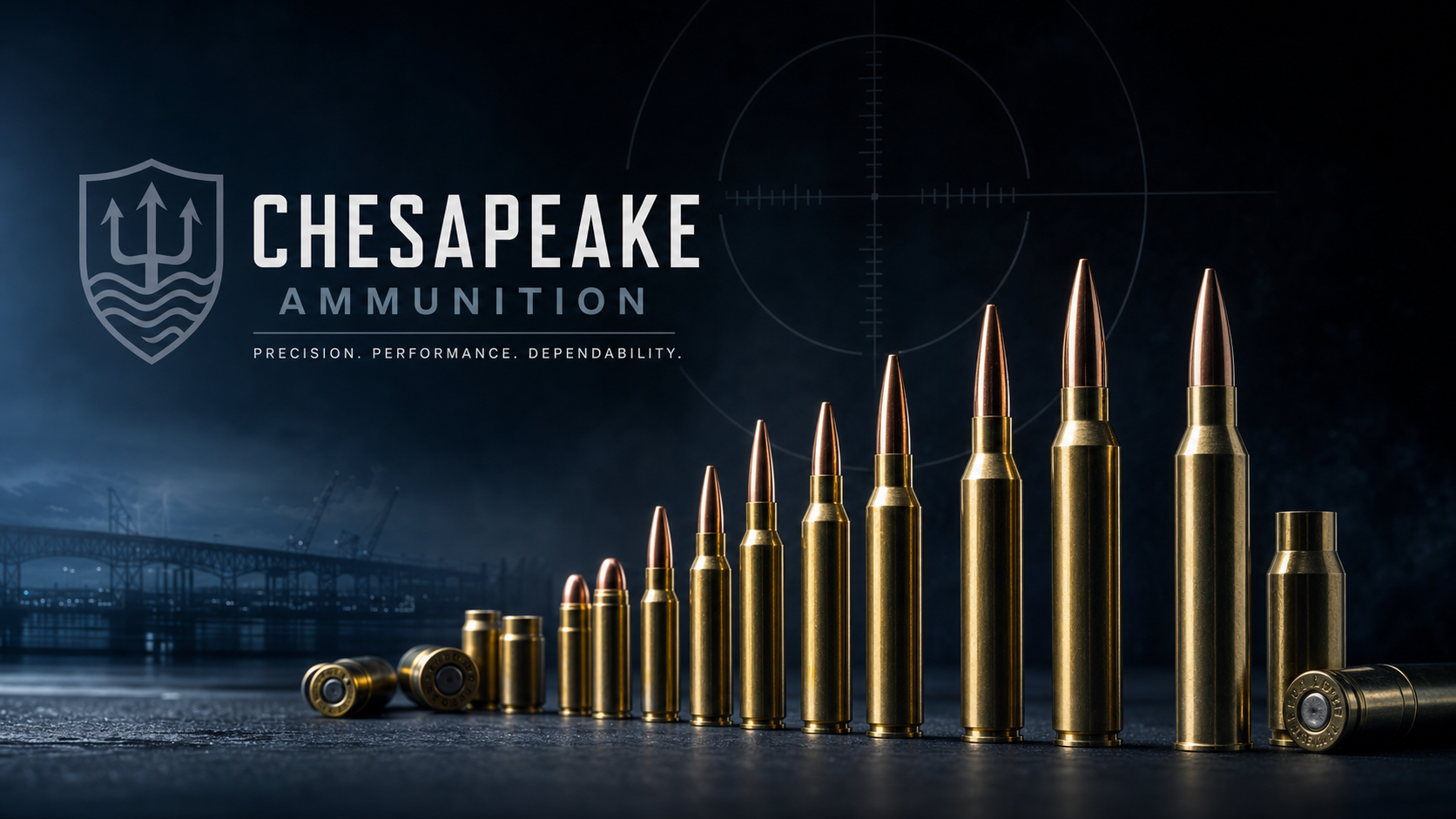 Precision-machined rifle cartridges on dark surface