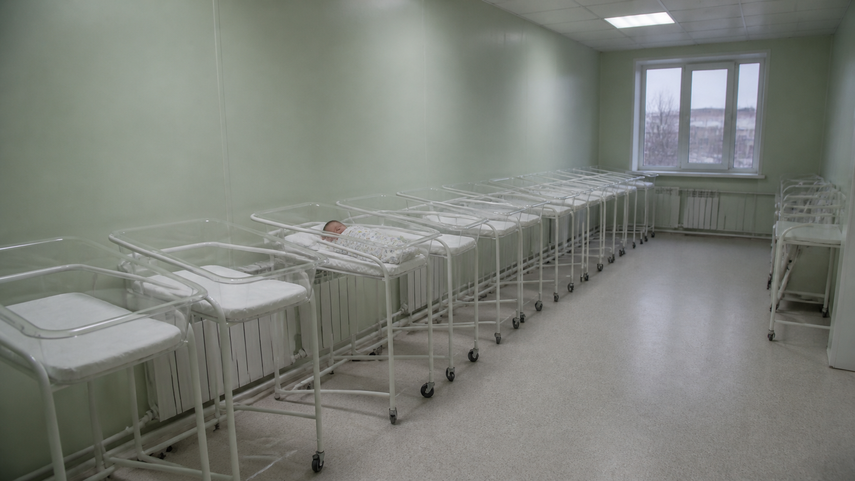 Empty cradles in a Russian hospital corridor, desaturated, documentary style