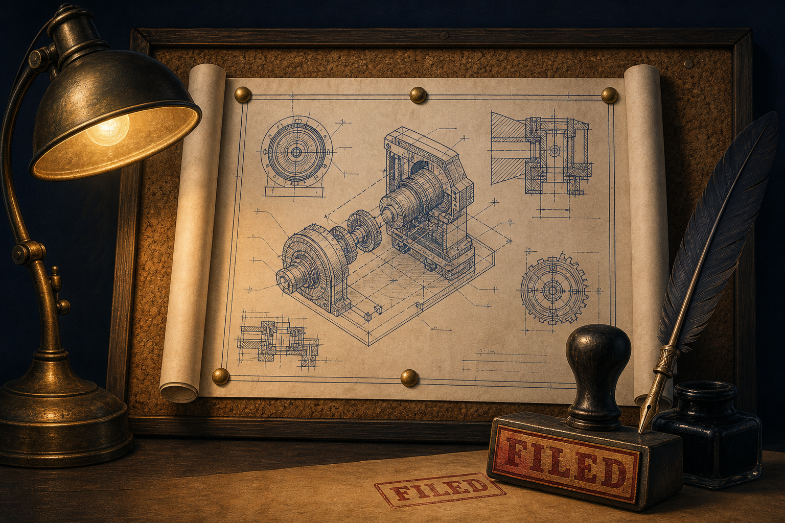 Blueprint scroll, quill pen, FILED stamp — patent contribution