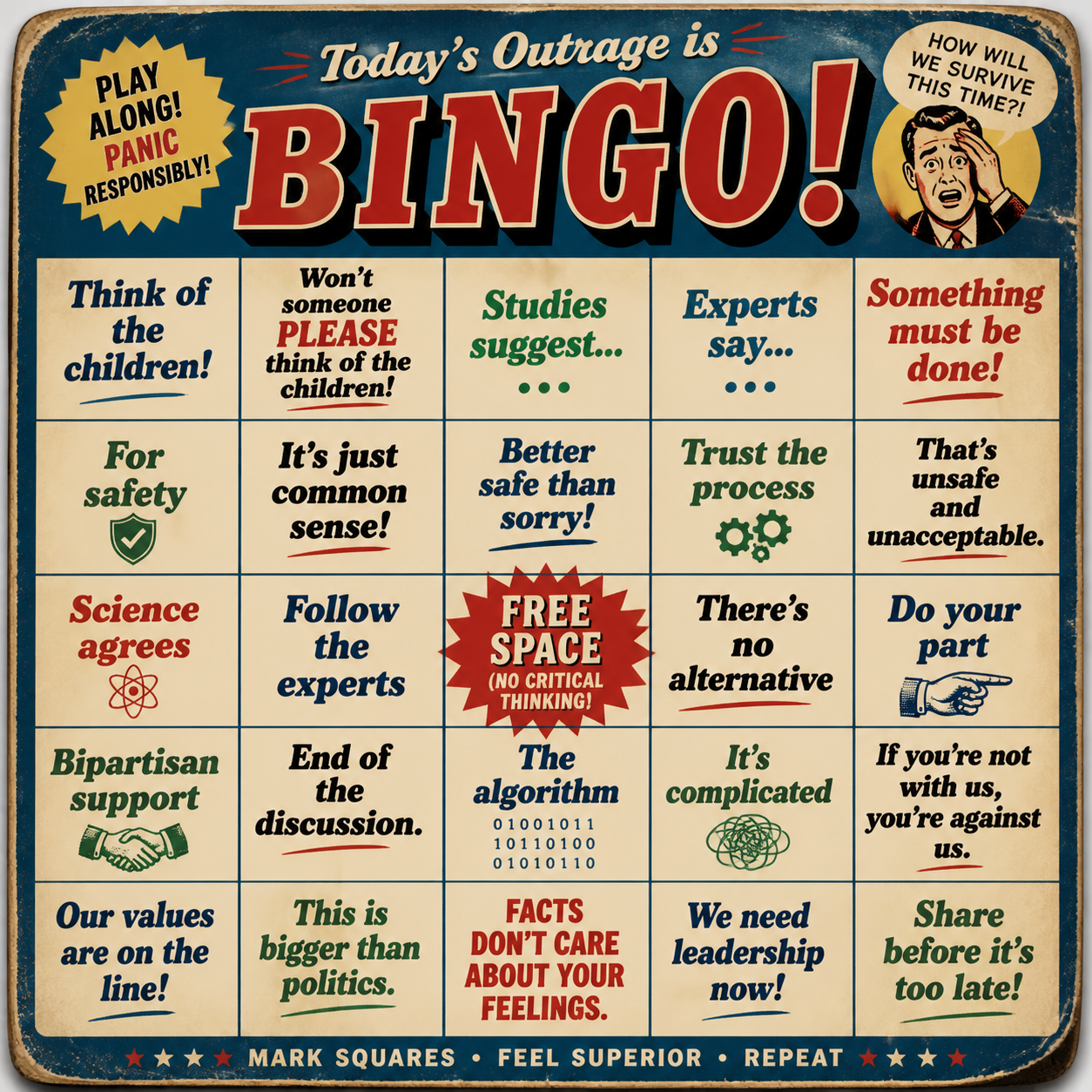Satirical moral panic bingo card with squares like Think of the Children and Studies Suggest