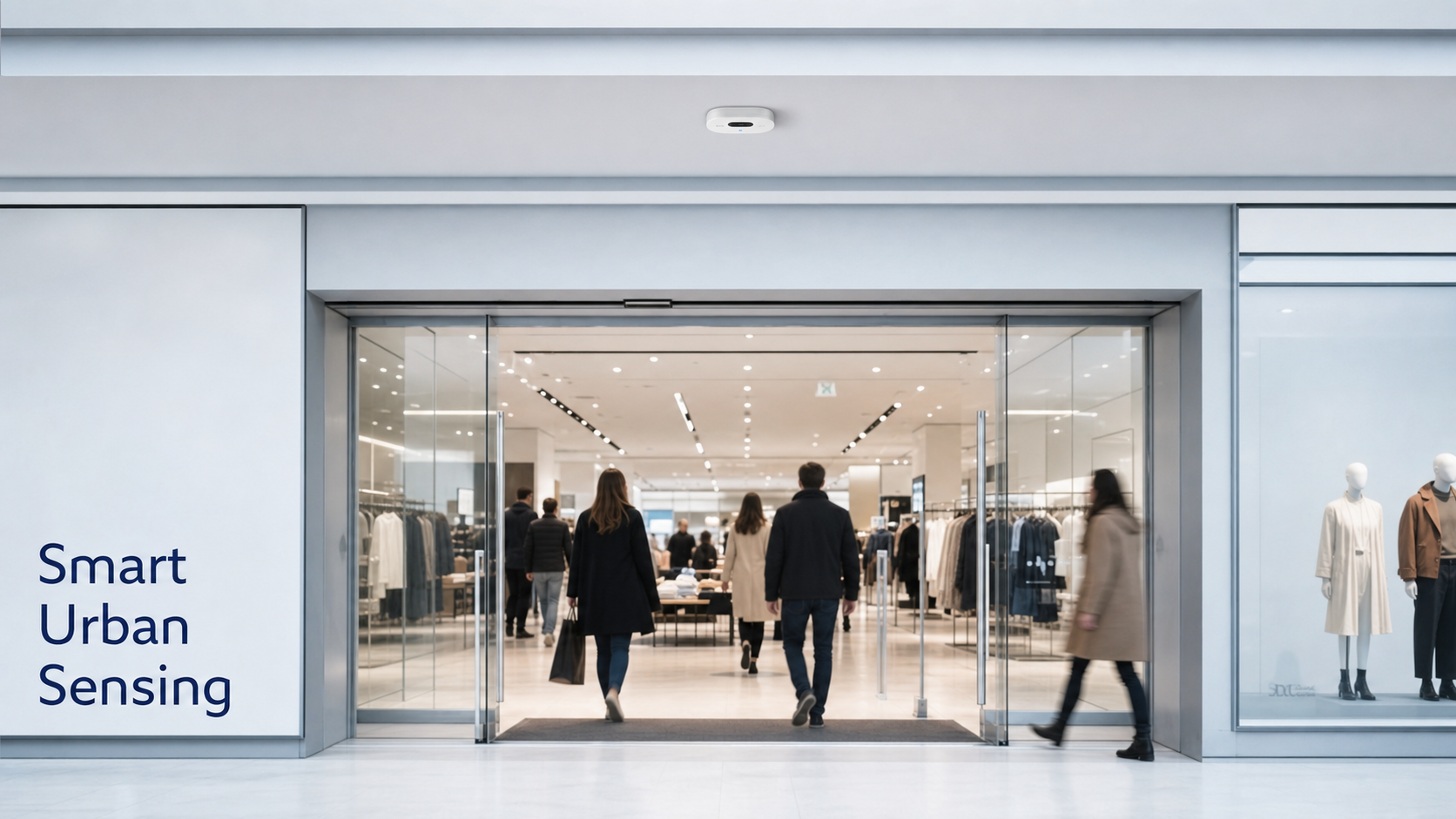 AI people counting sensor mounted above a retail entrance by Smart Urban Sensing