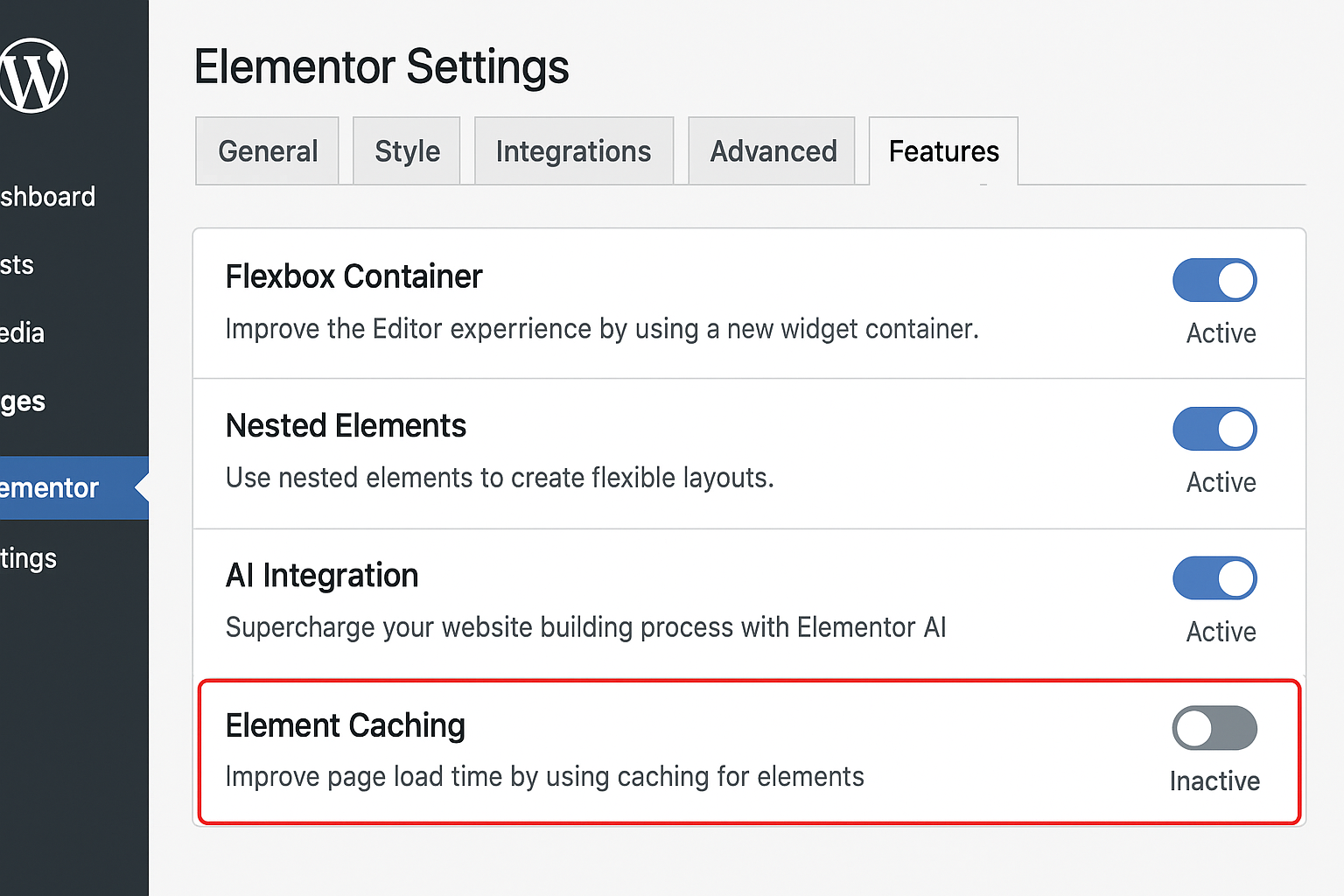 Ilustração destacando como desligar o recurso “Element Caching” no Elementor (Aba Features ▶ Element Caching ▶ Inativo)