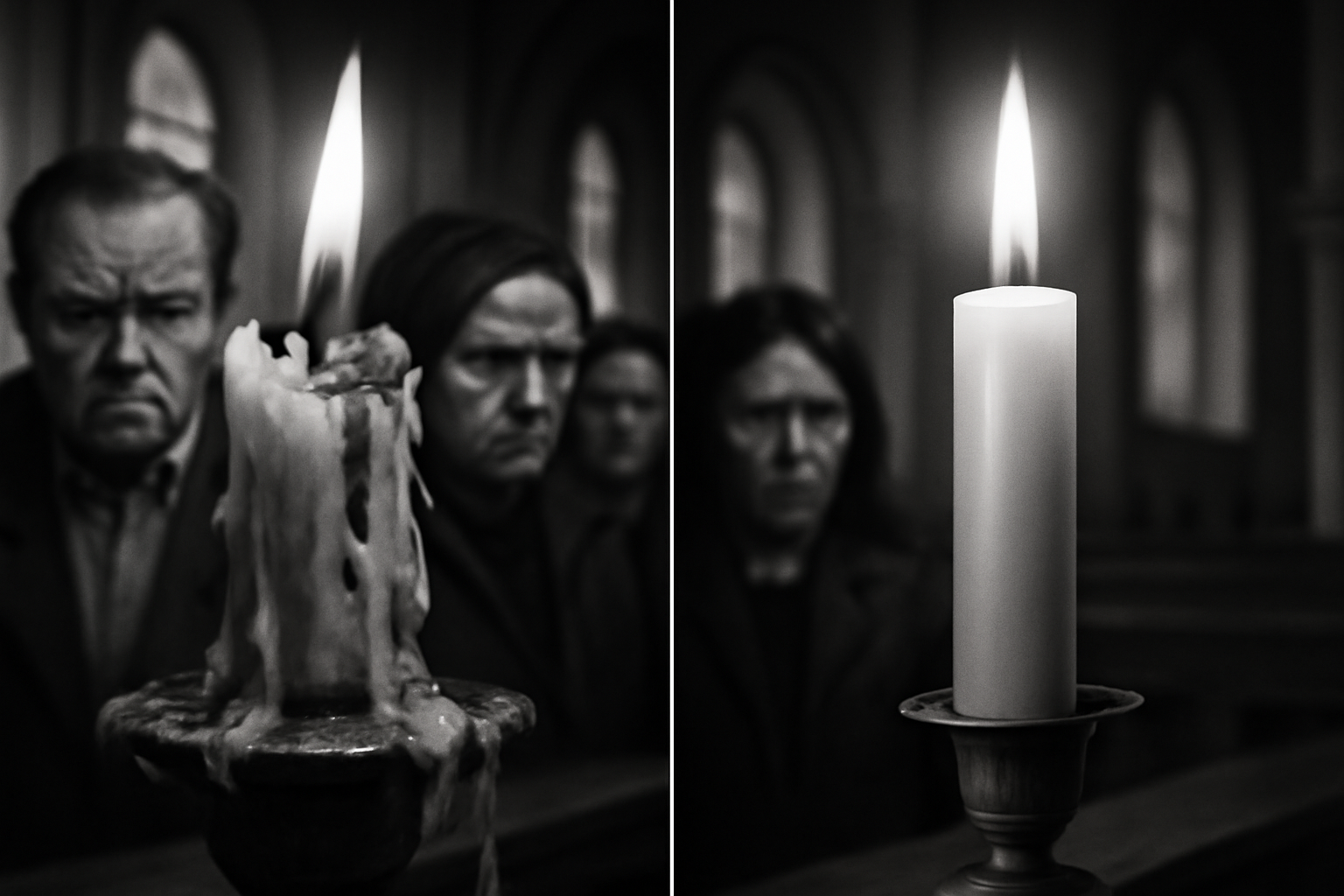 Close-up of distorted melting candle and transition to perfect candle in church context, monochrome documentary style.