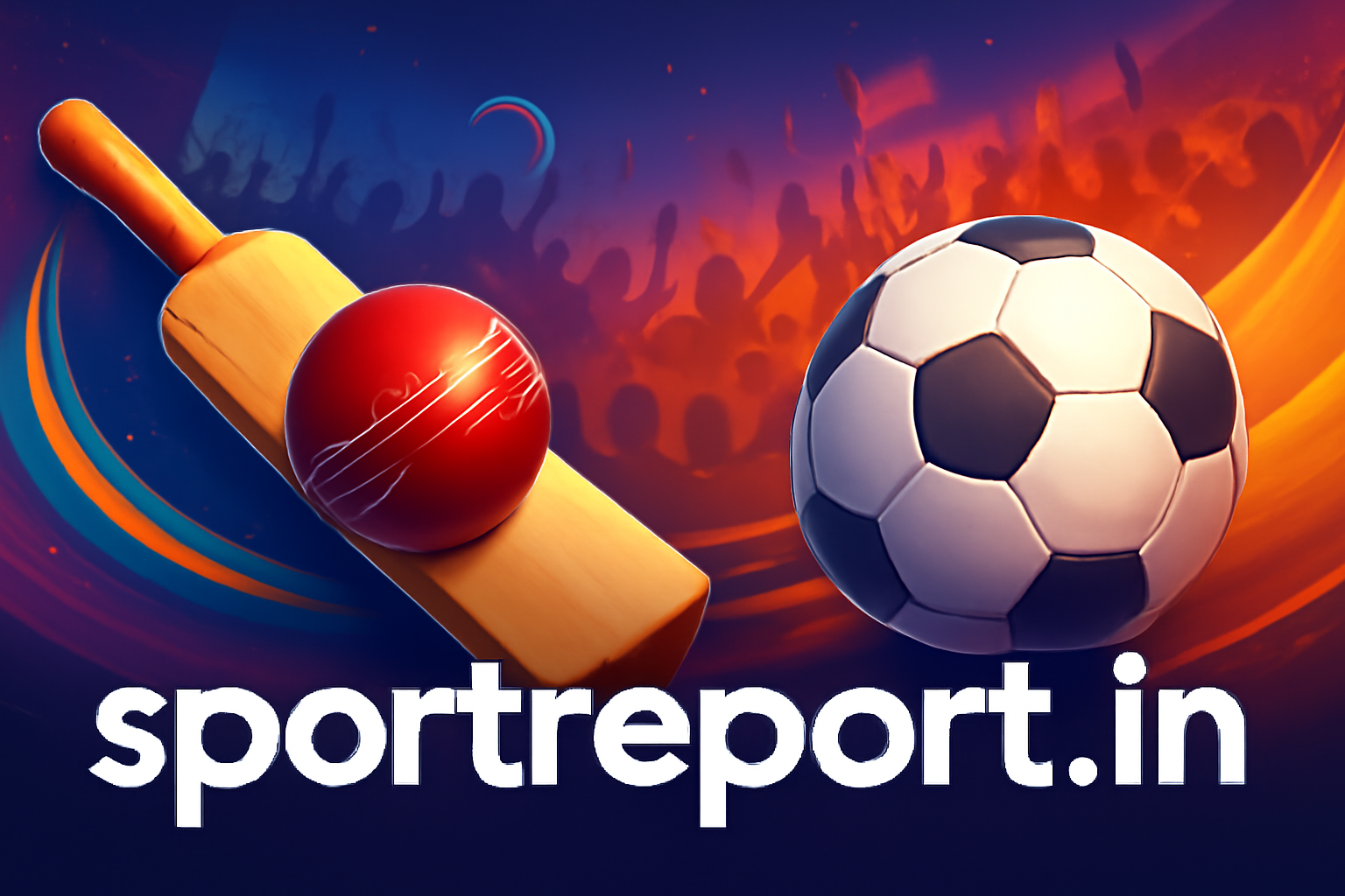 Professional sports banner for sportreport.in with sport equipment and community background