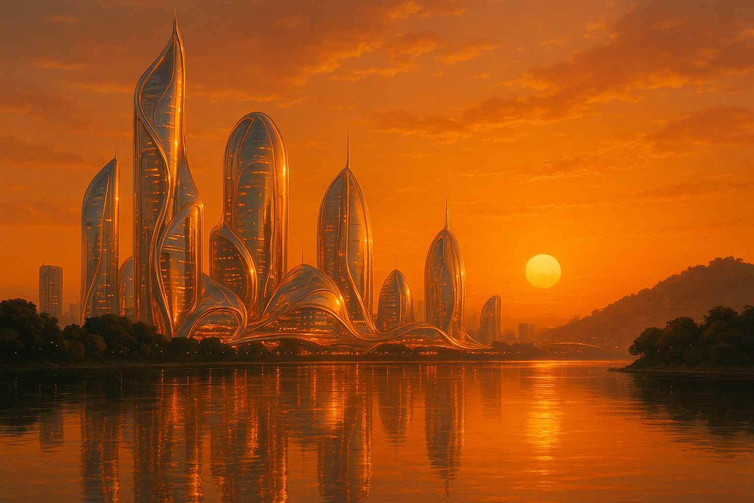 Futuristic Guwahati with liquid glass architecture and sacred lighting