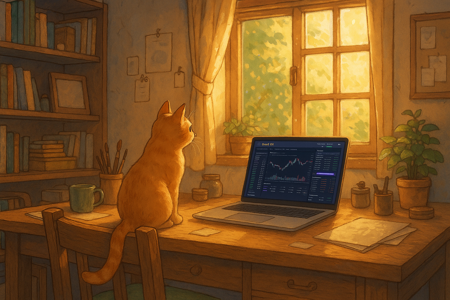Ghibli-style cozy studio with CoinDCX dashboard on laptop