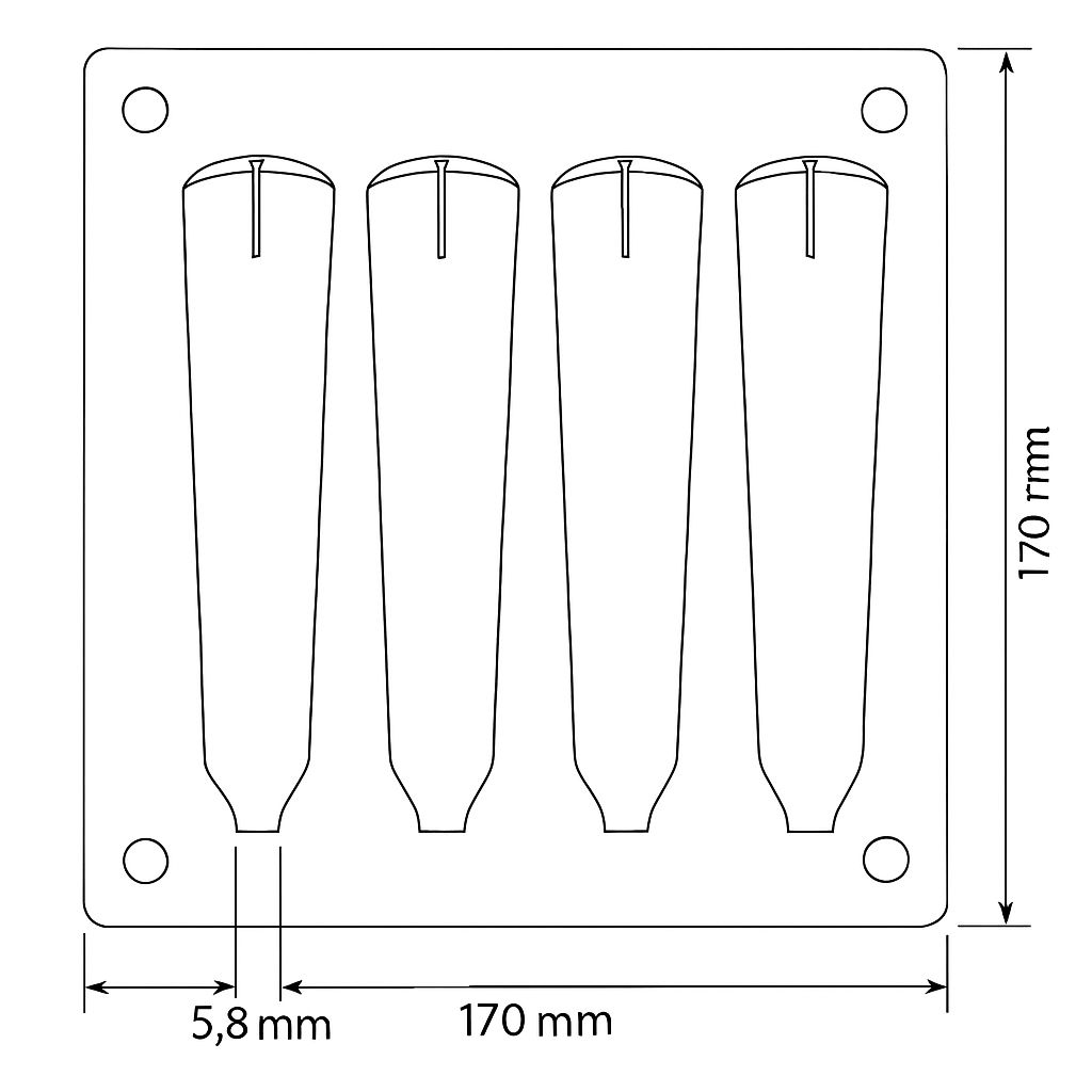 Technical drawing of aluminum candle mold with four cylindrical cavities.