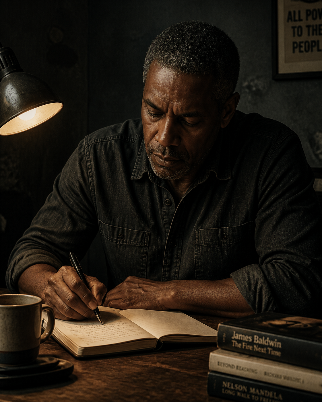 A man writing in a notebook by warm lamplight at a worn wooden desk