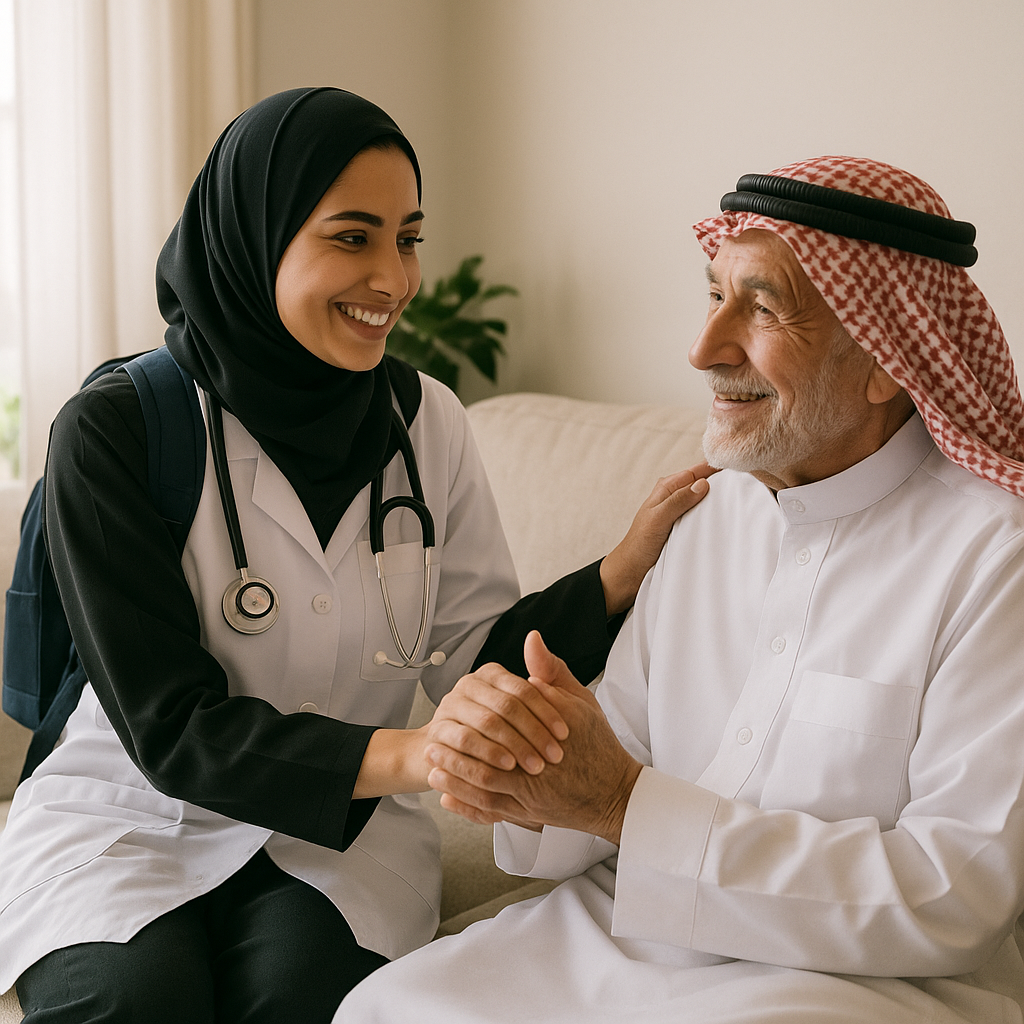 مقدم رعاية صحية منزلية يقوم بزيارة مريض مسن في المنزل