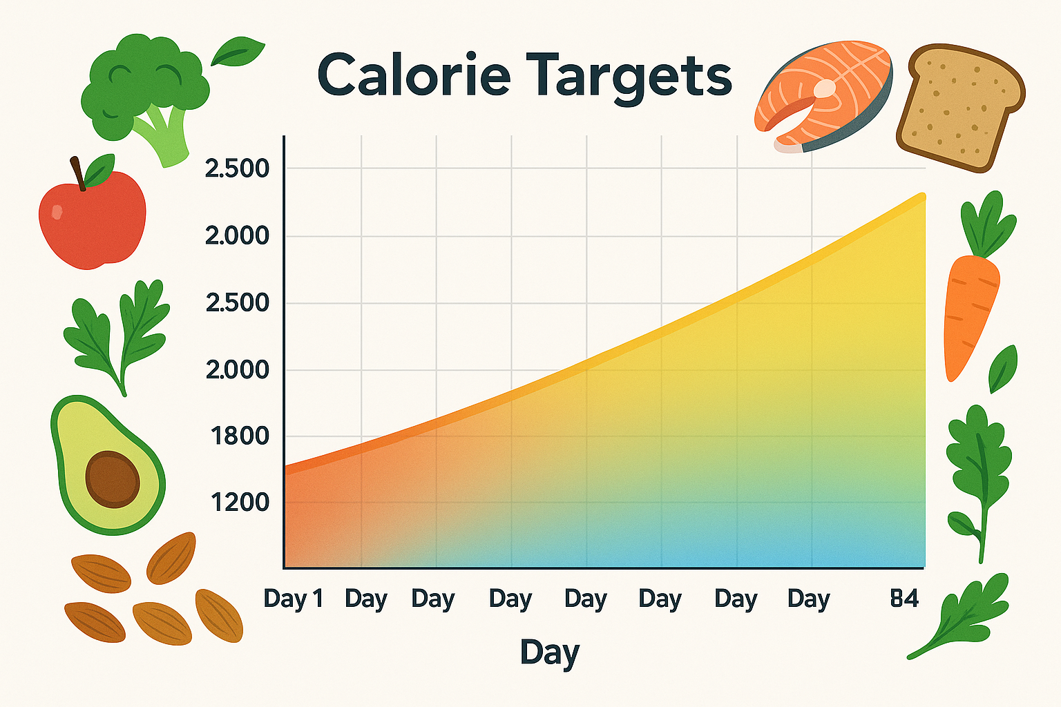 Progressive calorie targets chart showing 84-day nutrition progression