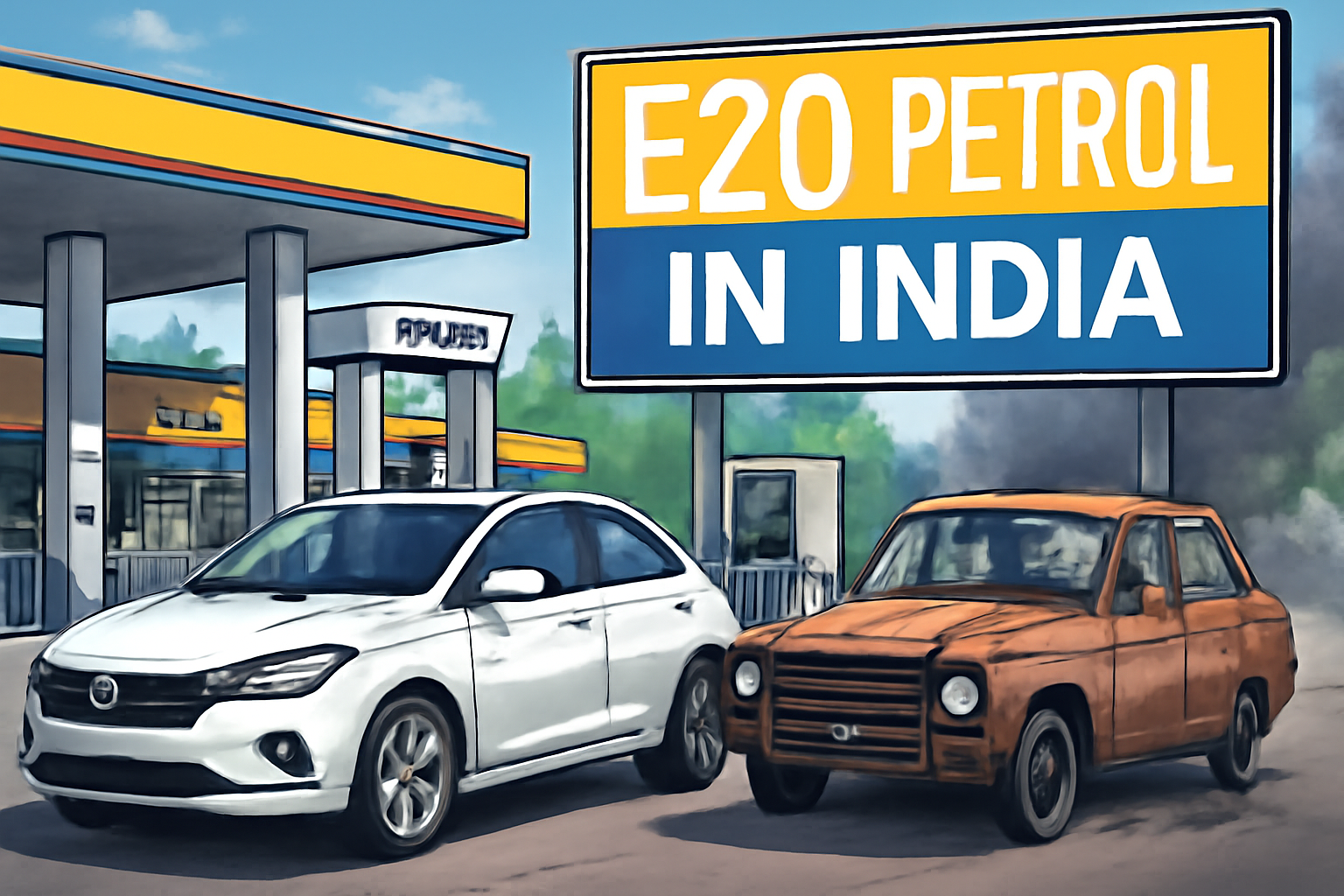 Informative illustration contrasting E20 benefits for modern cars versus issues for older cars at an Indian fuel station.