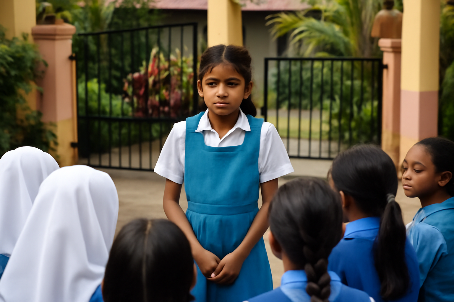 Illustration of a young girl looking nervous in a new school classroom.