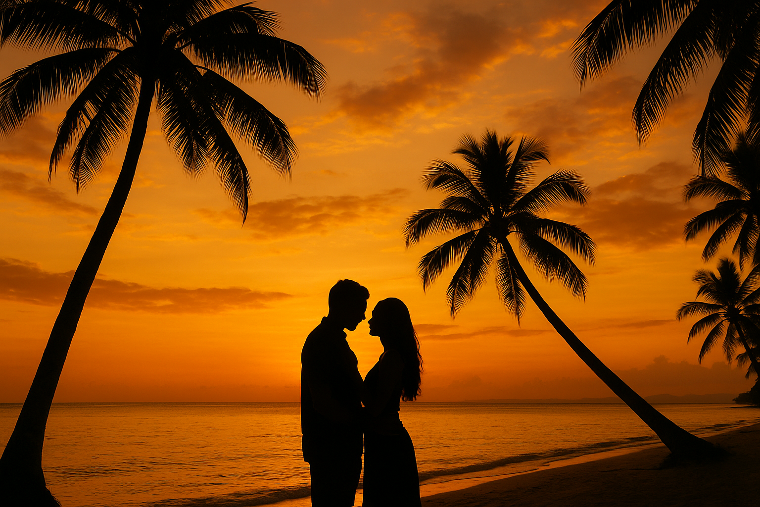 Romantic sunset silhouettes at tropical Bohol beach paradise
