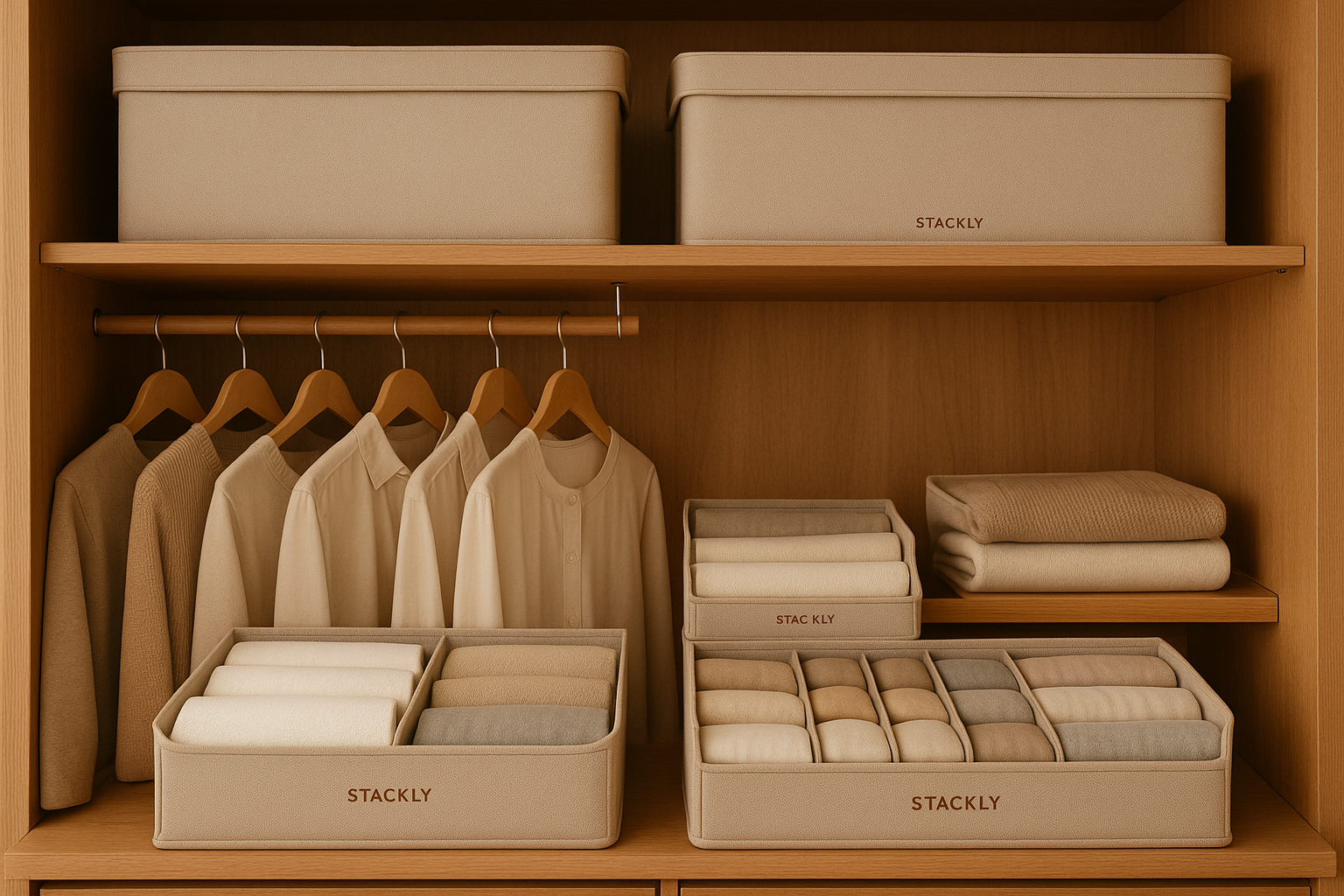 Serene, organized wardrobe showcasing Stackly products