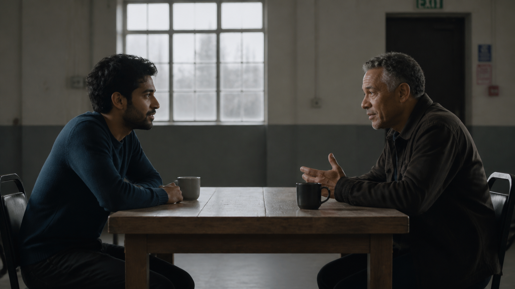 Two men of different backgrounds in direct, focused conversation at a plain table