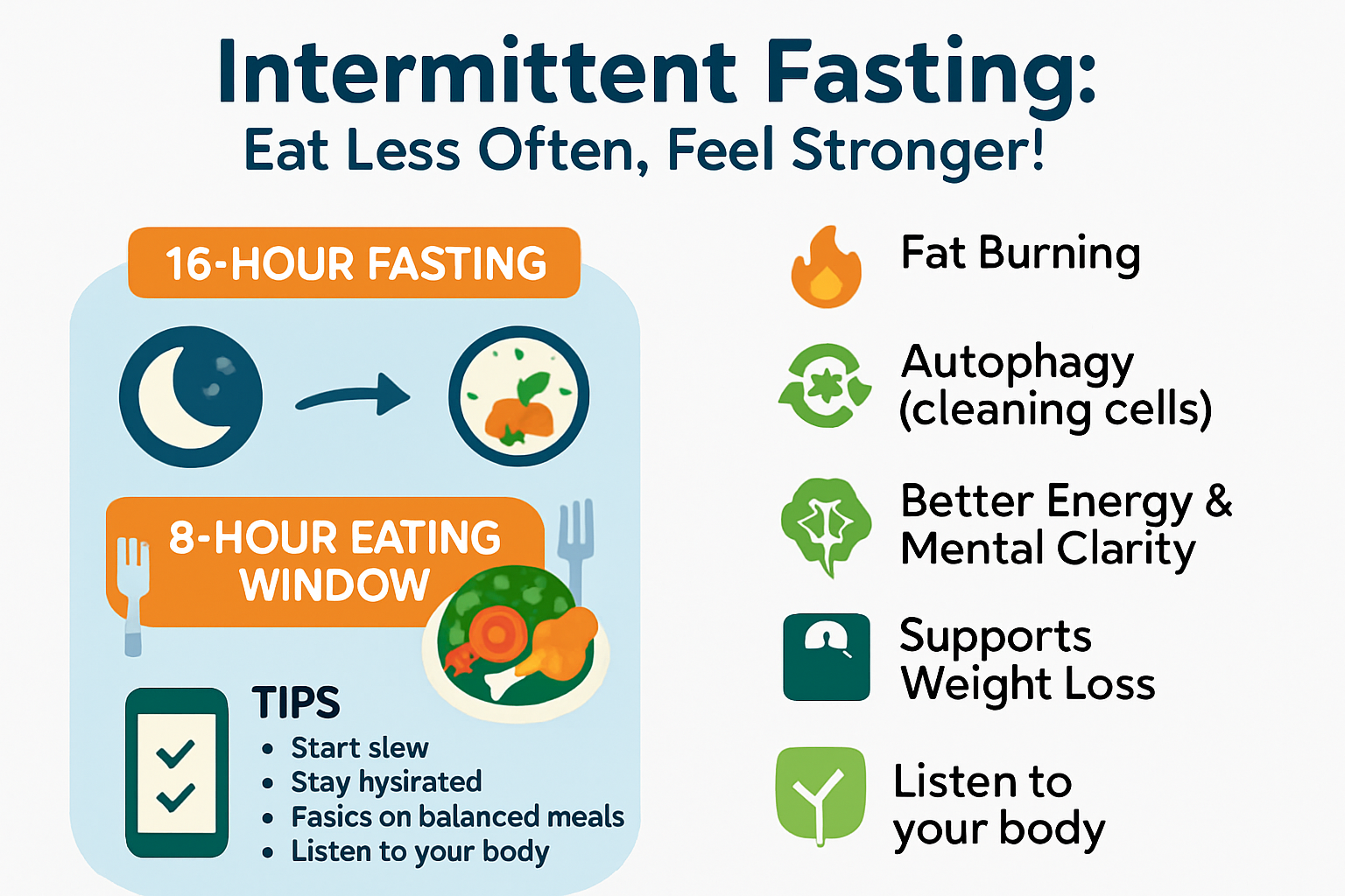 Infographic explaining the basics and benefits of intermittent fasting.